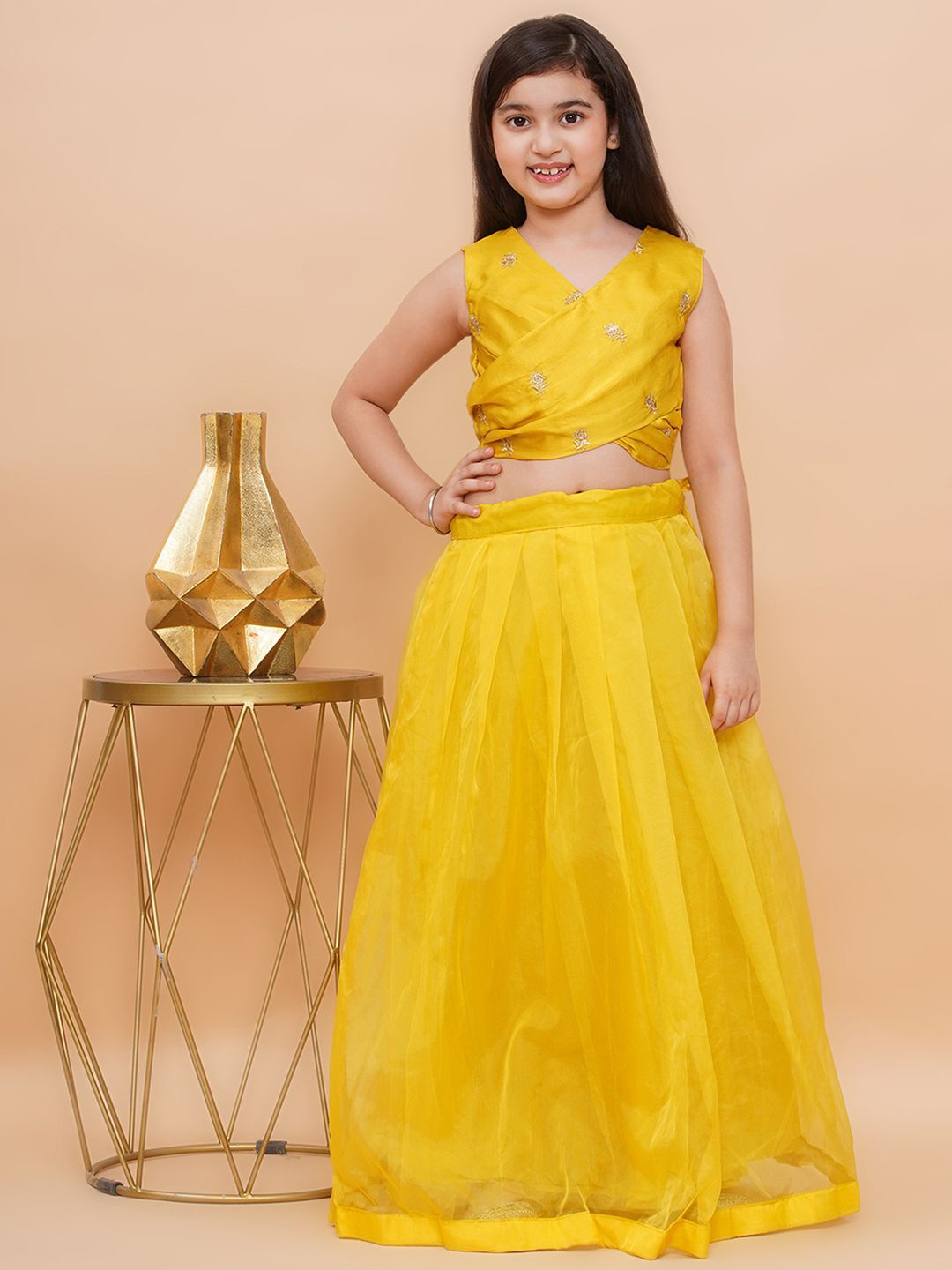 

PICCOLO Girls Embroidered Organza Silk Ready to Wear Lehenga With Blouse, Yellow