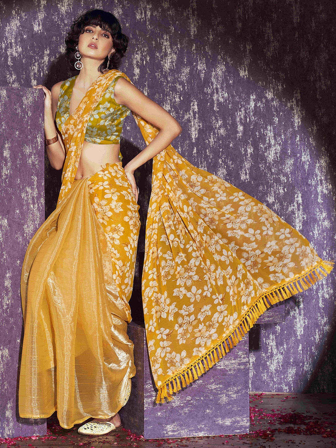 

Tikhi Imli Floral Sequinned Half and Half Saree, Yellow