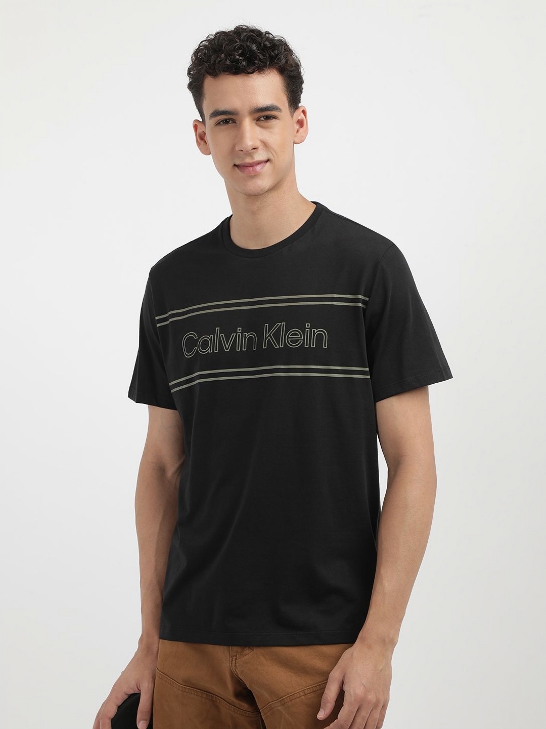 

Calvin Klein Jeans Men Typography Printed Round Neck Cotton T-shirt, Black