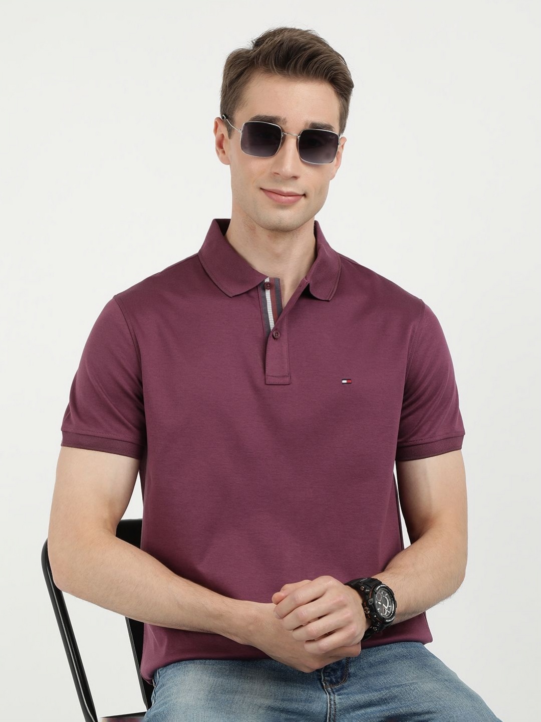 

Tommy Hilfiger Men Solid Polo Collar Cotton T-shirt, Purple