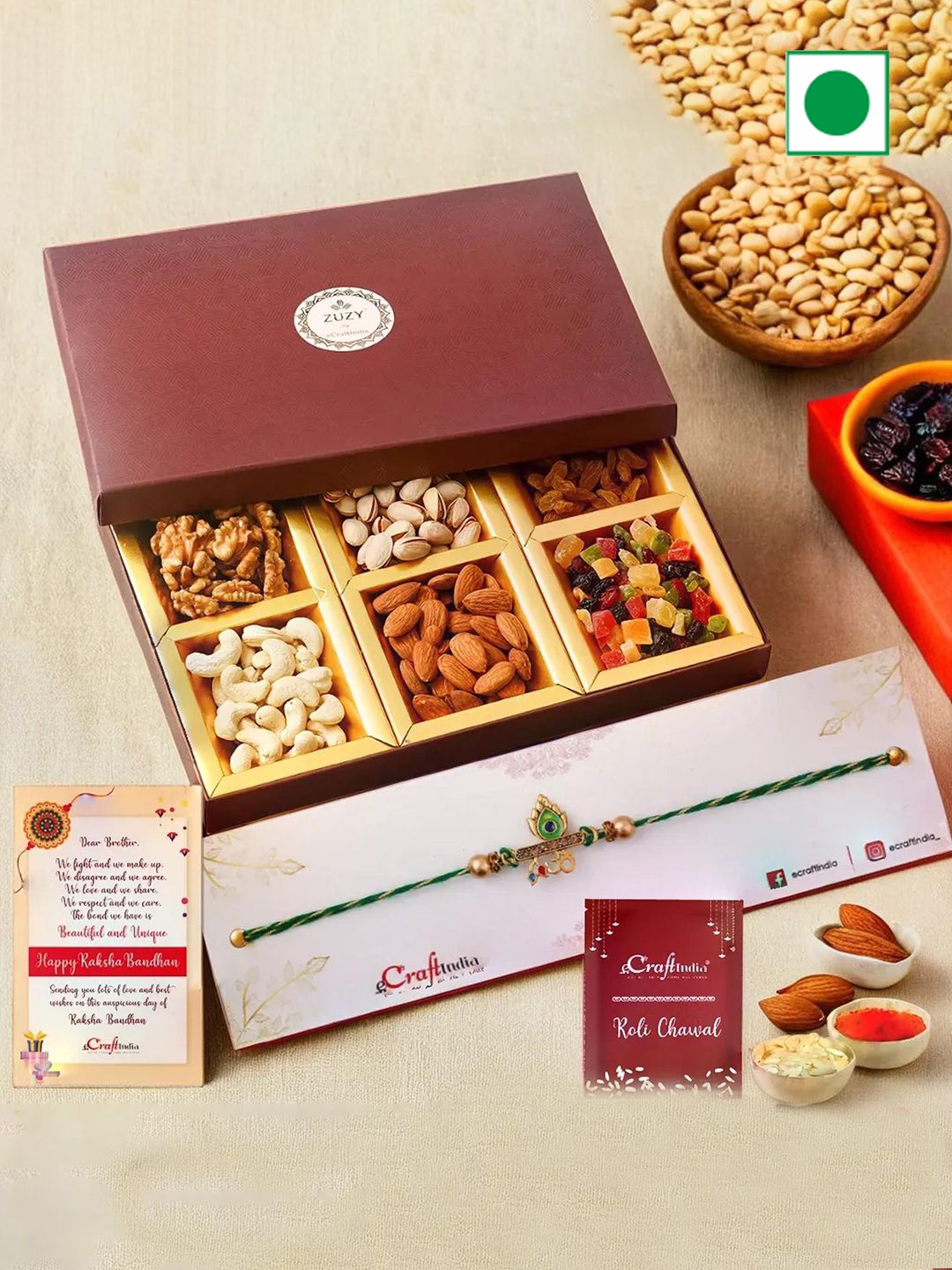 

eCraftIndia Religious Rakhi With Zuzy Dried Fruit Gift Box and Roli Chawal Pack, Green