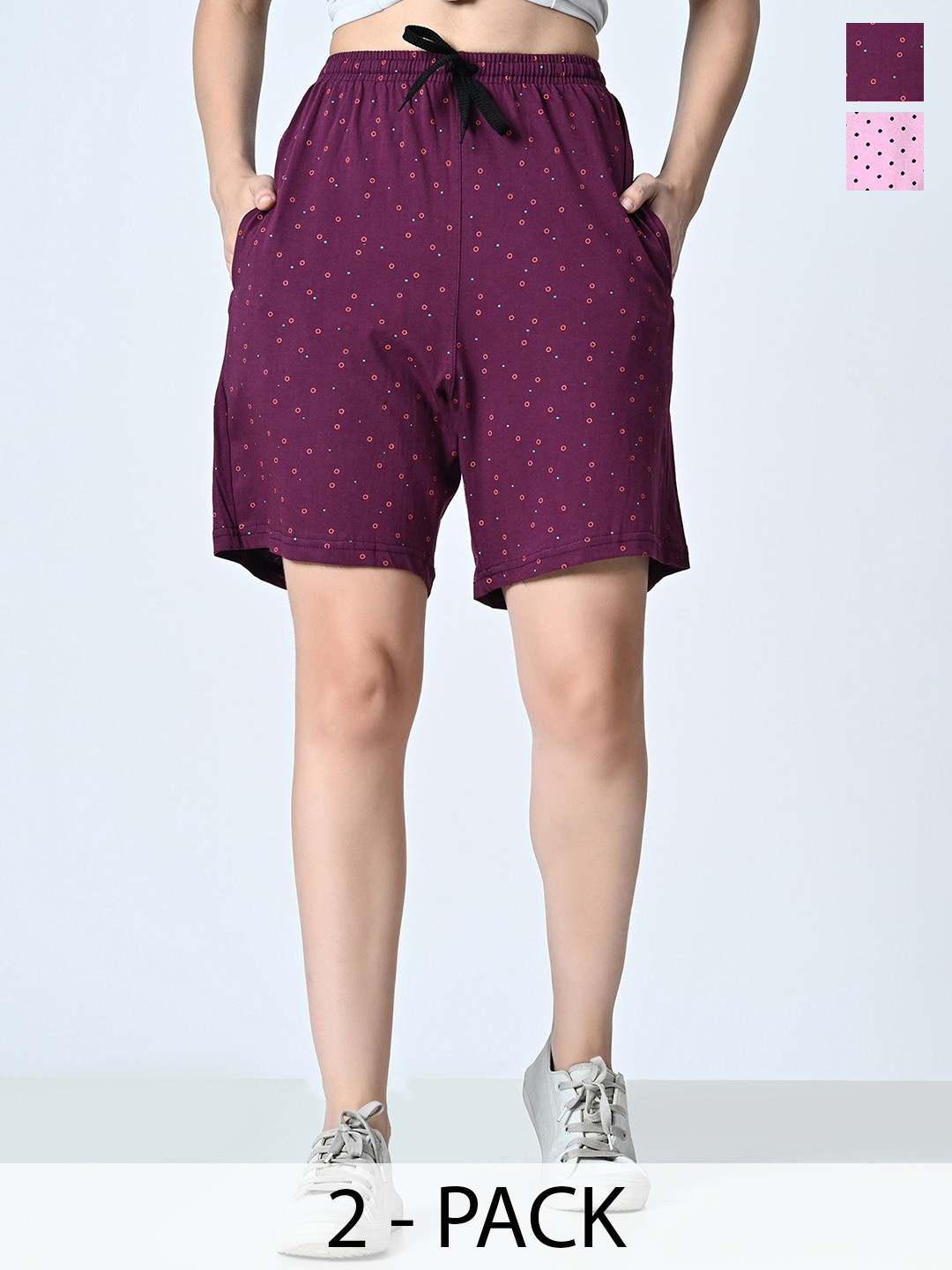 

BAESD Women Pack of 2 Printed Pure Cotton High-Rise Regular fit Shorts, Purple