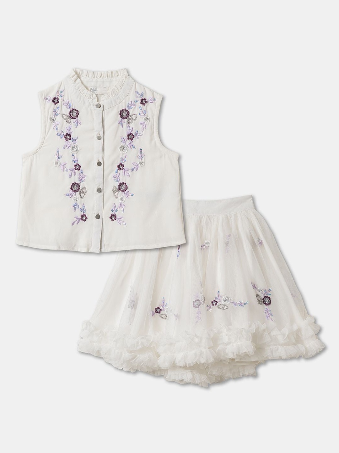 

R&B Girls Embroidered Top With Skirt, White