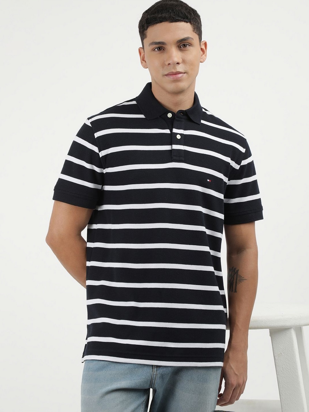 

Tommy Hilfiger Men Striped Polo Collar Cotton T-shirt, Navy blue