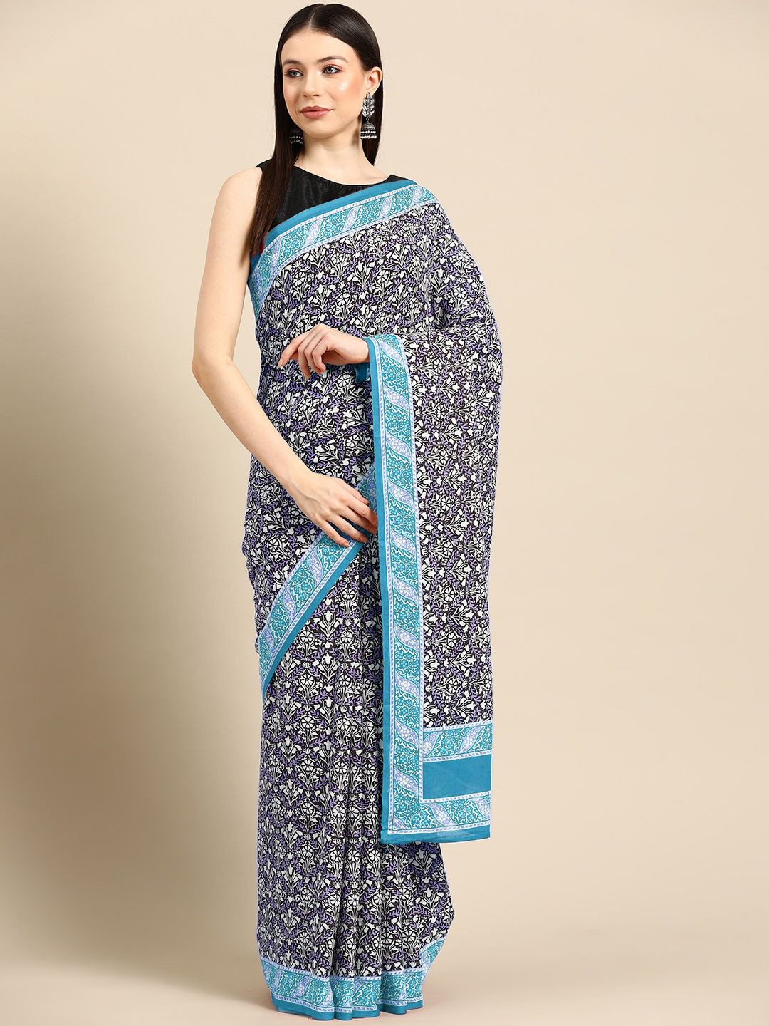 

BUTA BUTI Blue Colour Floral Pure Cotton Printed Saree, Navy blue