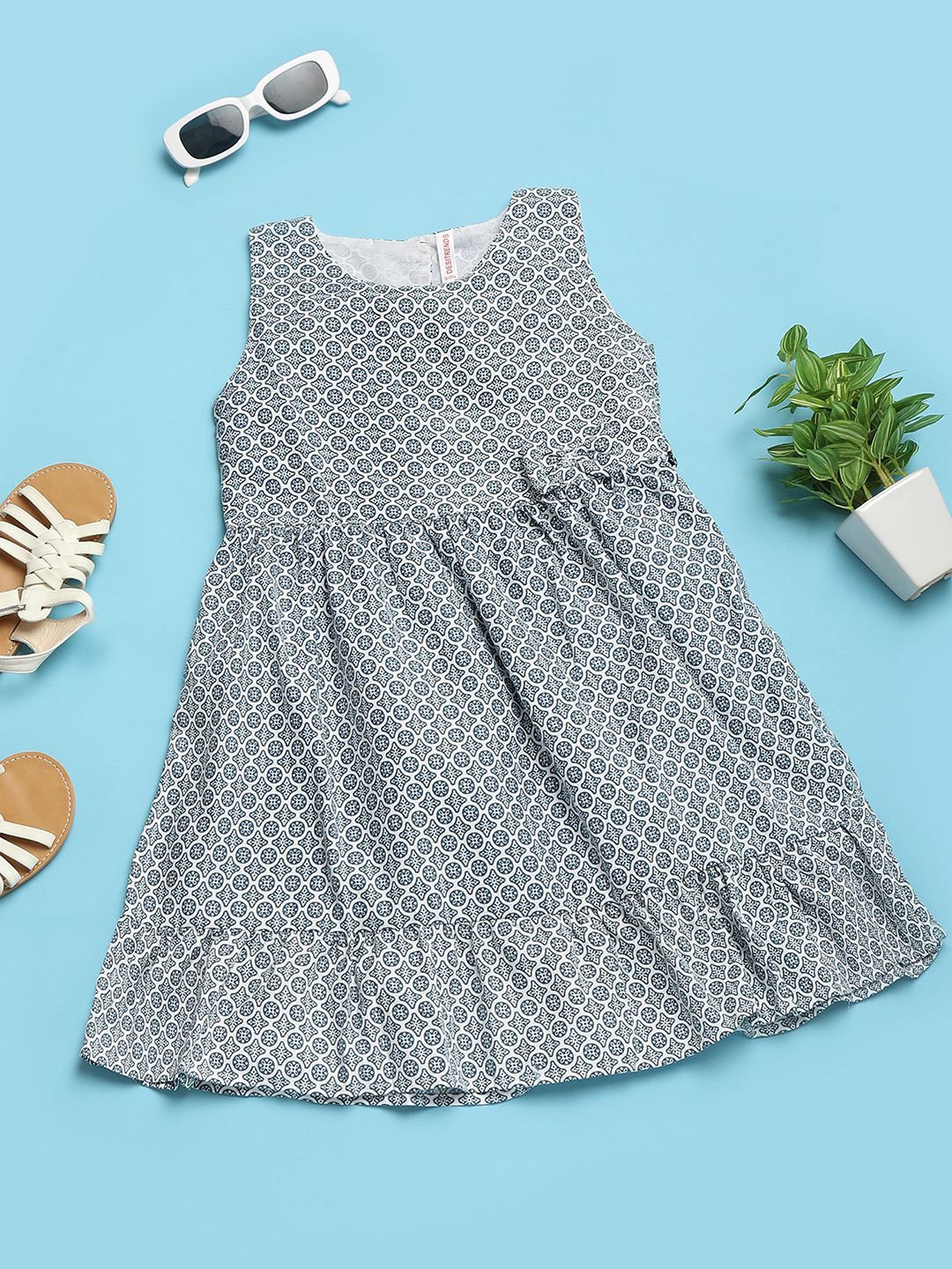 

V-Mart Girls Printed Cotton Round Neck A-Line Dress, White