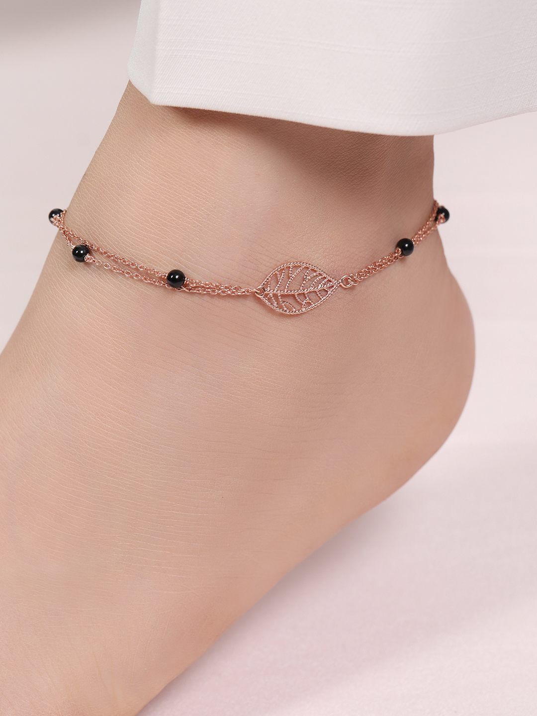 

Zavya 925 Sterling Silver Rose Gold-Plated Leaf Charm Beaded Anklet