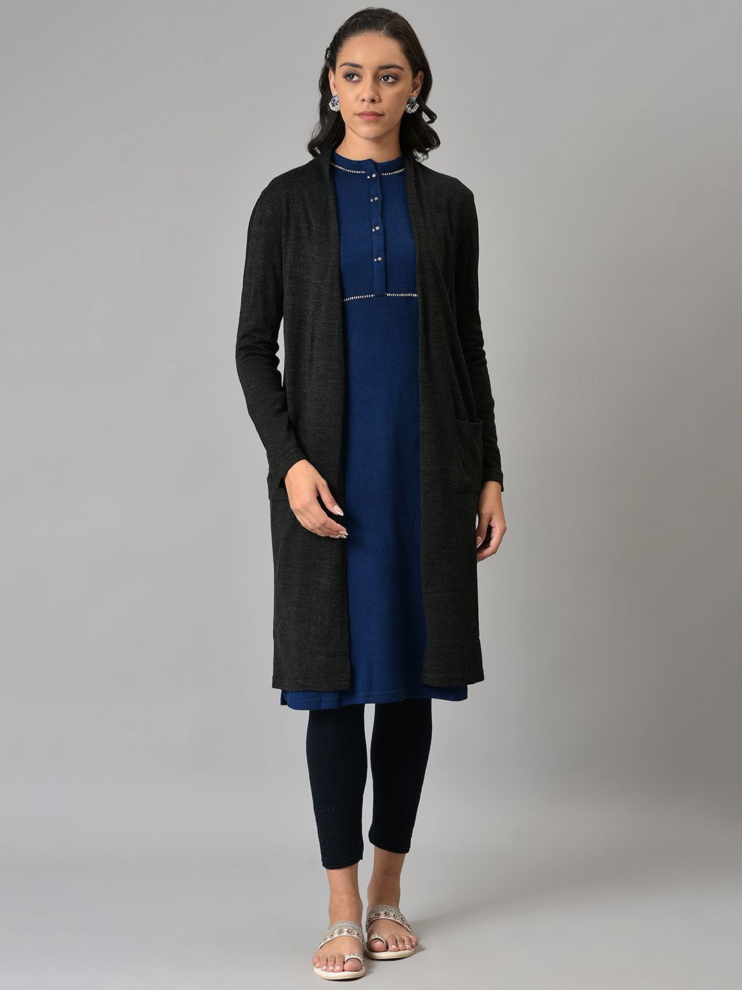 

W Women Polyester PU Coated Cardigan, Grey