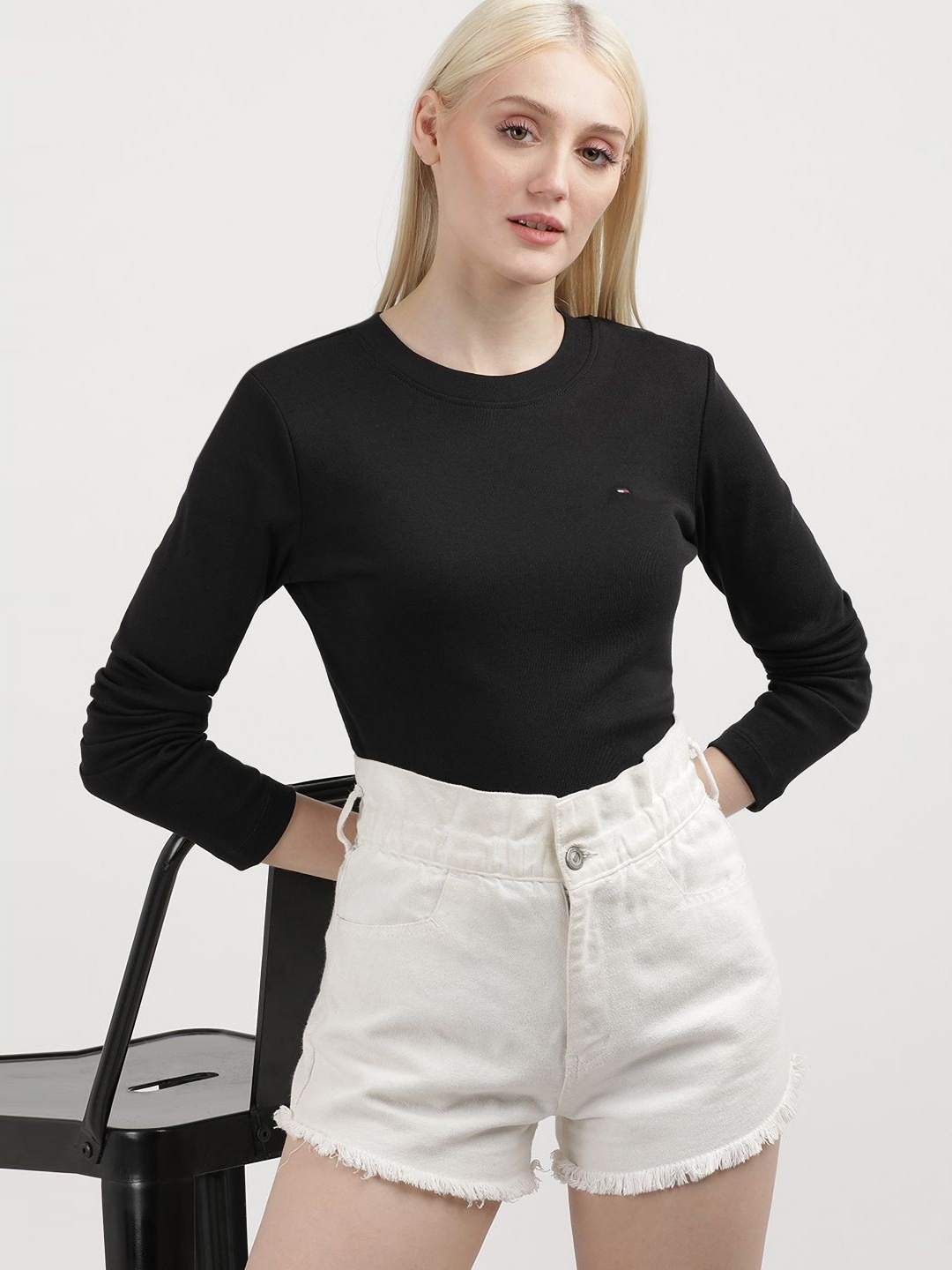 

Tommy Hilfiger Women Solid Round Neck Cotton Slim Fit T-shirt, Black