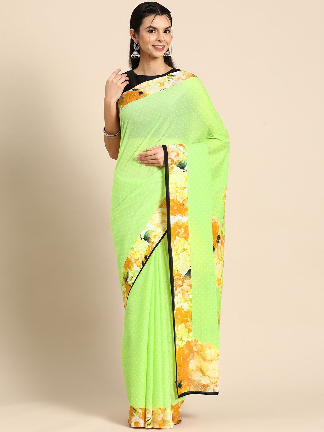 

BUTA BUTI Lime Green Polka Dot Pure Cotton Printed Saree