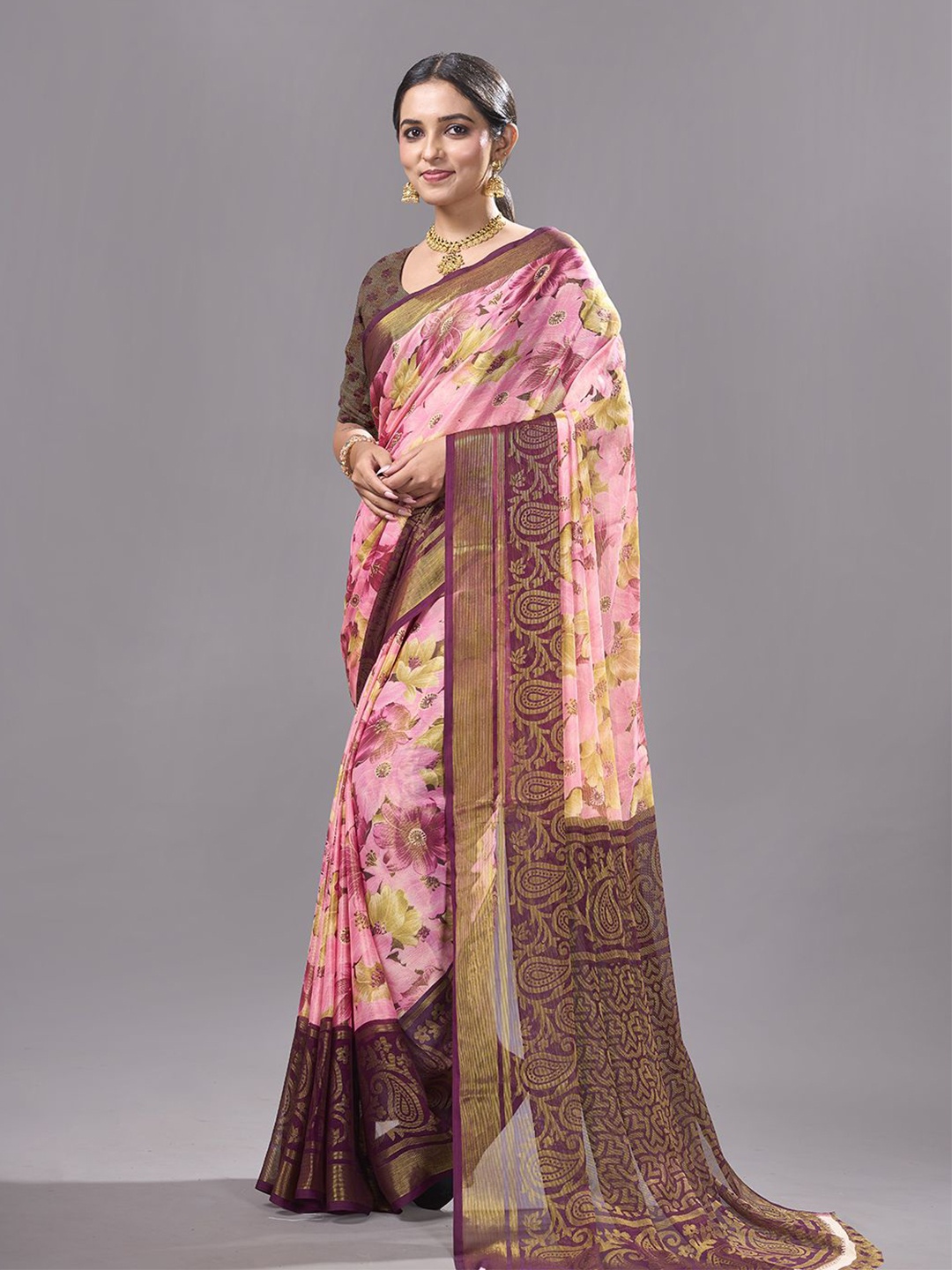 

NIRMAL CREATION Floral Printed Saree, Peach