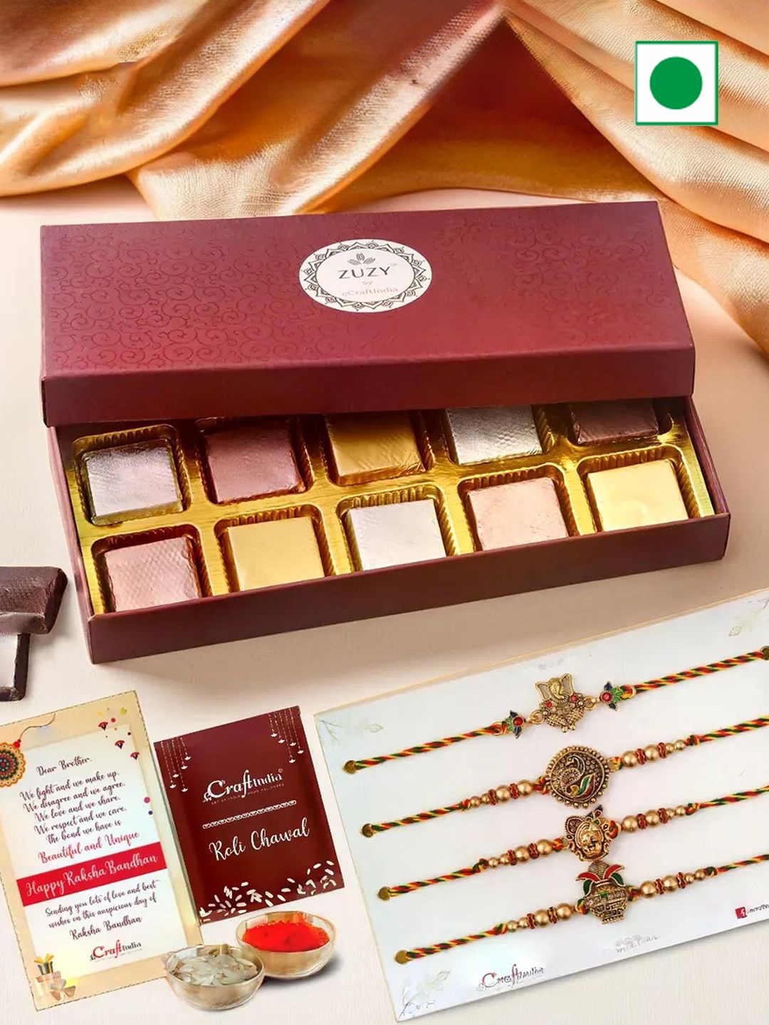 

eCraftIndia Set of 5 Religious Rakhis With Zuzy Assorted Chocolates 10 Pcs and Roli Chawal, Gold