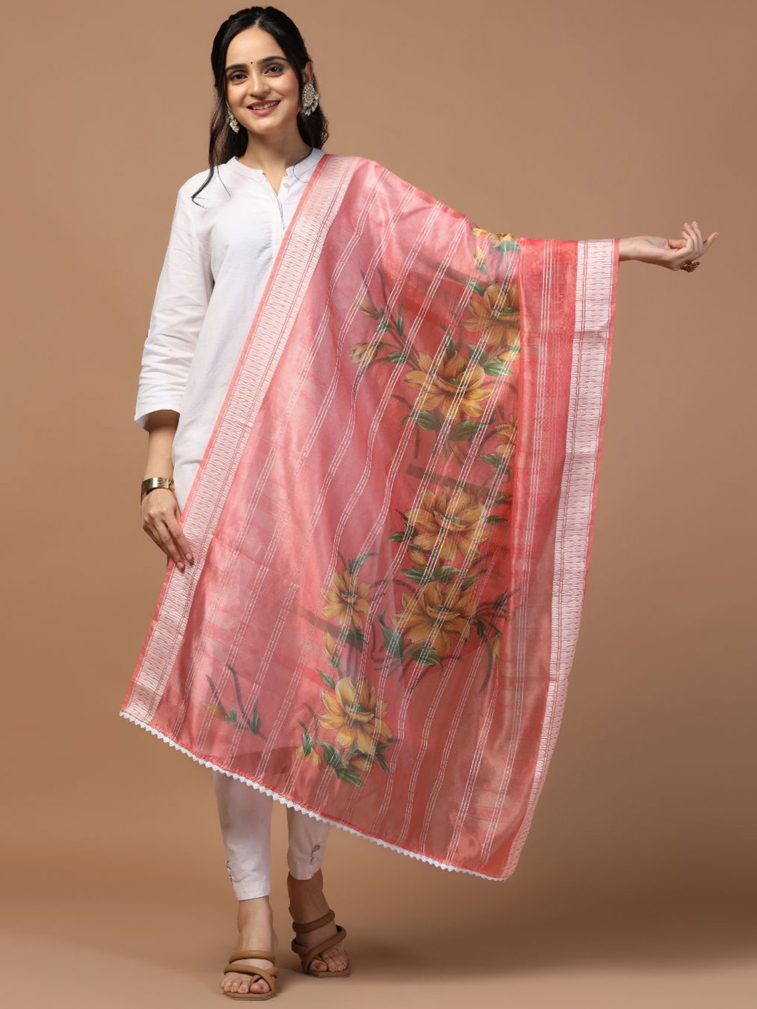 

Kaizen TEXO FAB Sequinned Floral Printed Organza Dupatta, Pink