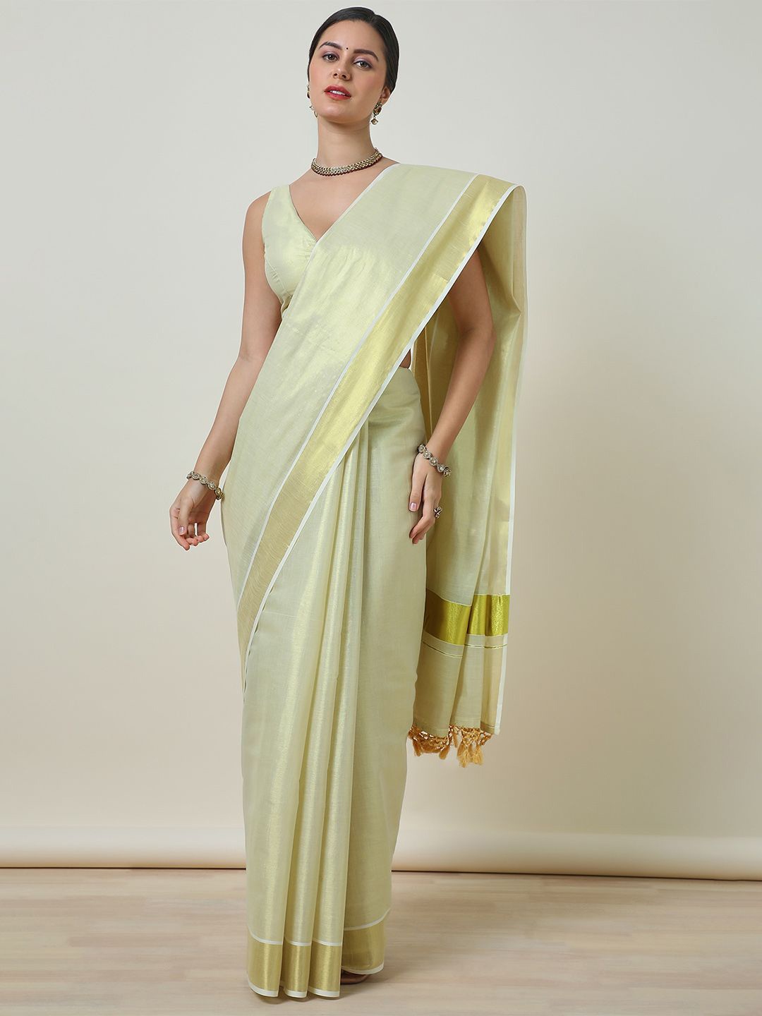 

Soch Zari Tissue Kasavu Saree, Cream