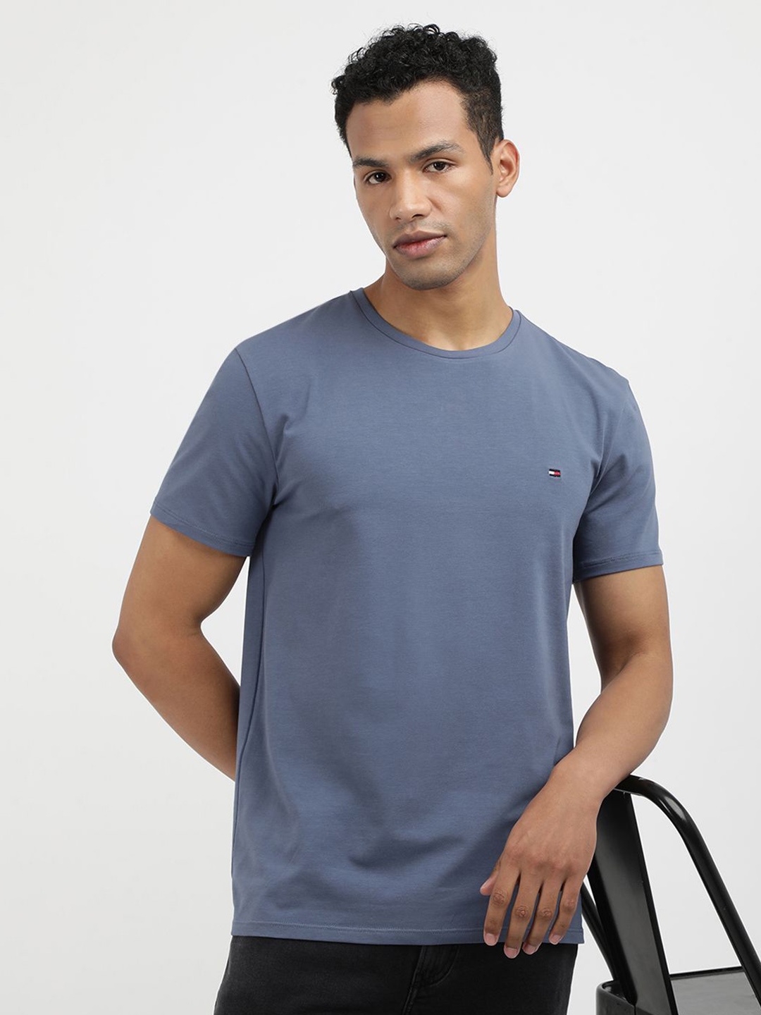 

Tommy Hilfiger Men Striped Round Neck Cotton Slim Fit Tshirt, Blue