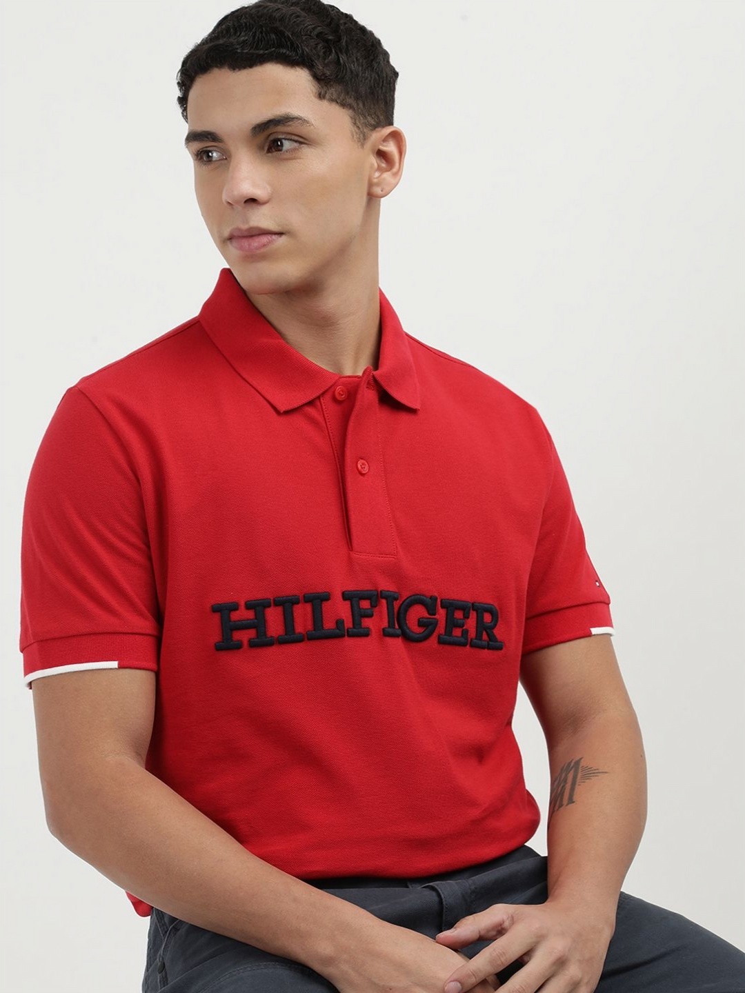 

Tommy Hilfiger Men Printed Polo Collar Cotton T-shirt, Red