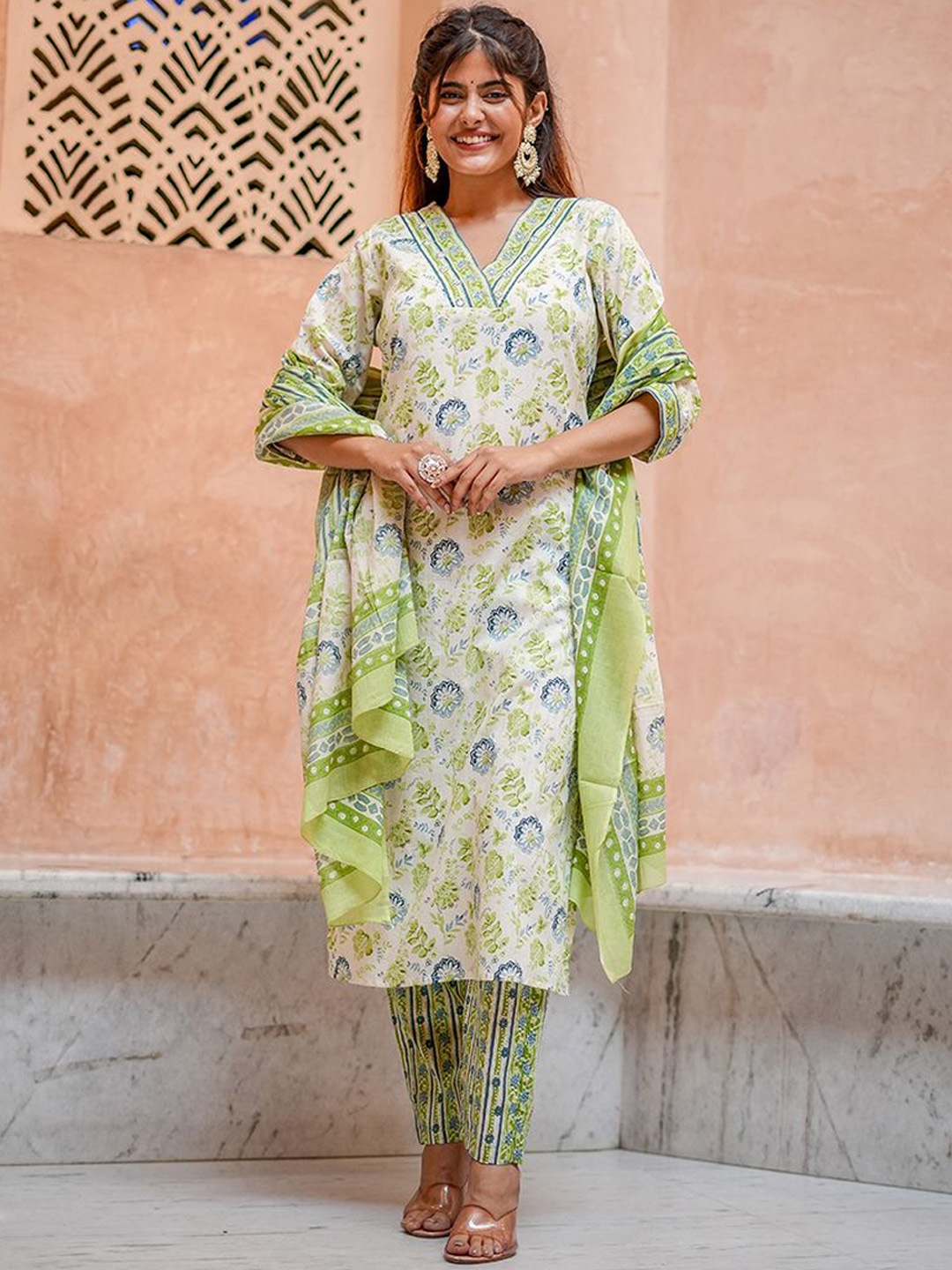 

KALINI Floral Printed V-Neck Mirror Work Pure Cotton Kurta with Trousers & Dupatta, White