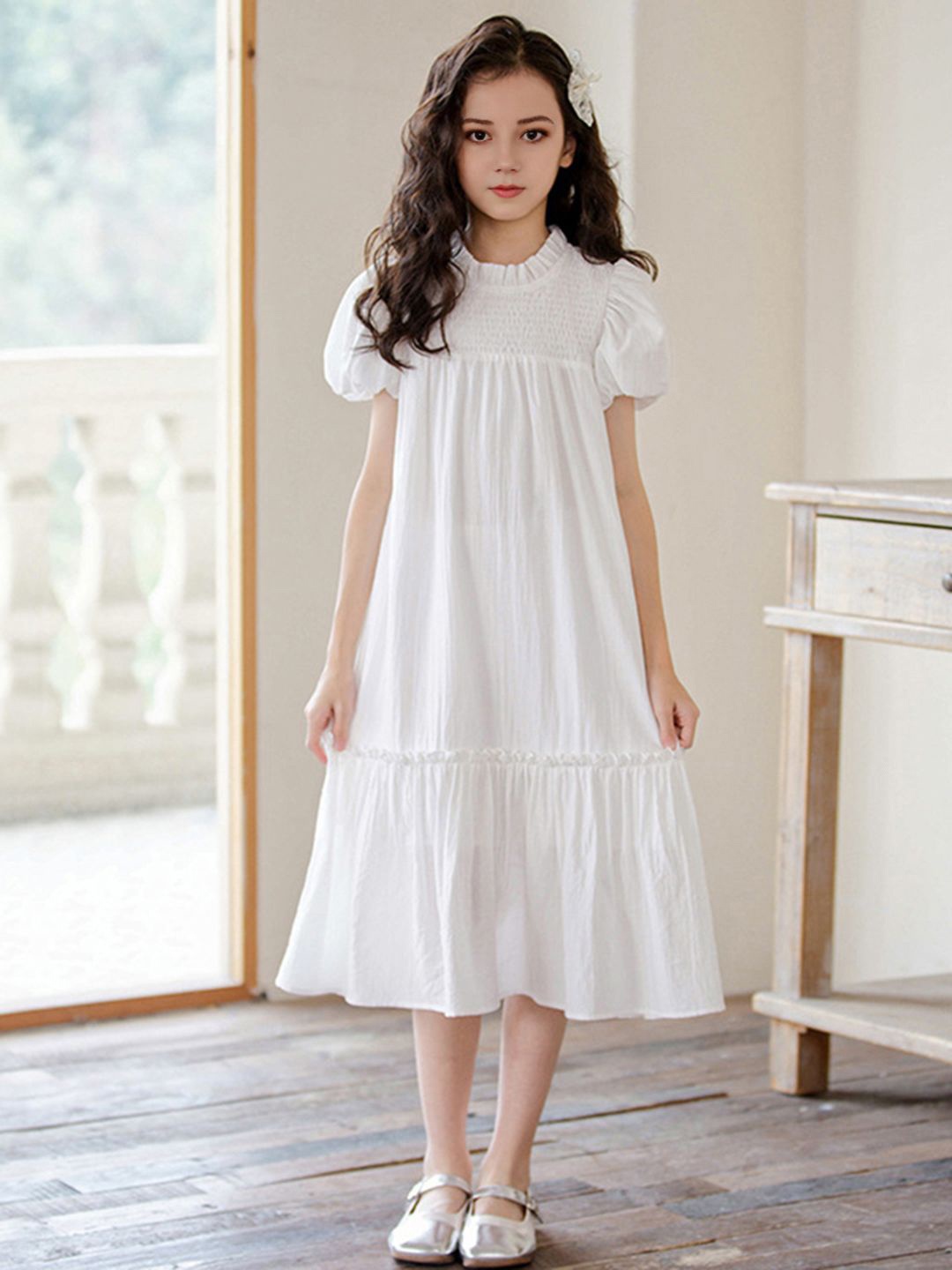 

INCLUD Girls Empire Puff Sleeves Midi Dress, White