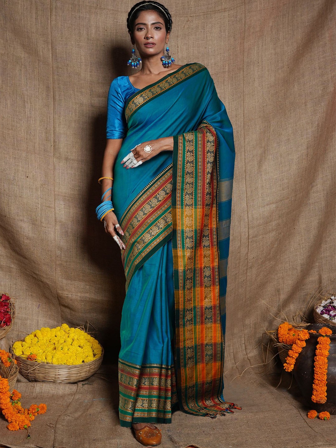 

Unnati Silks Zari Pure Cotton Handloom Narayan Peth Saree, Blue