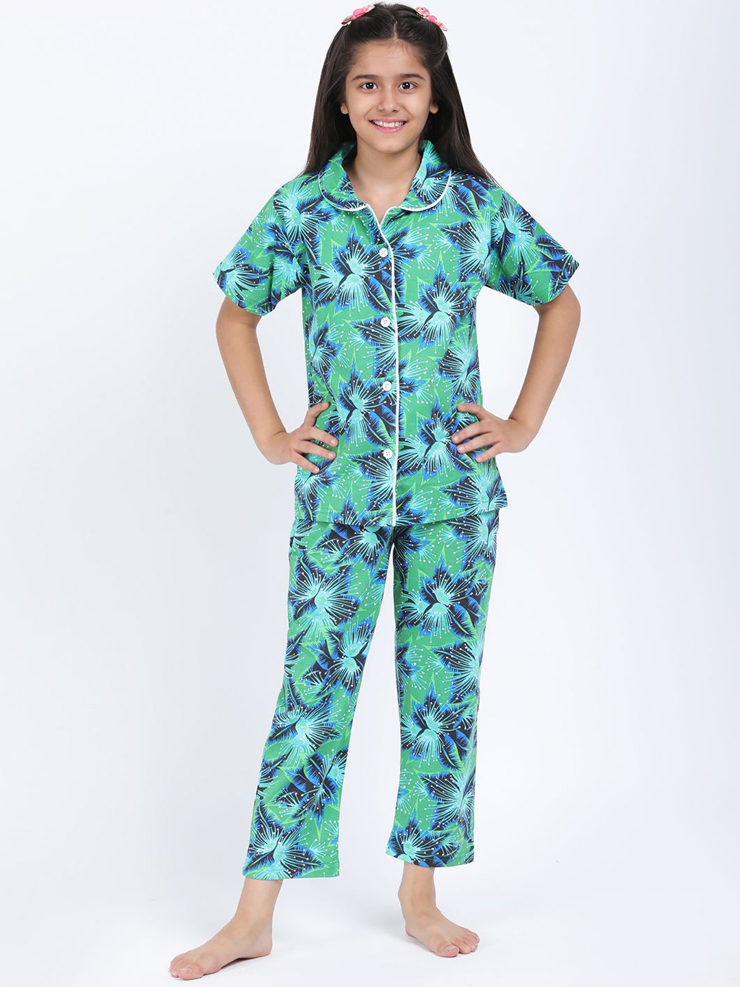 

Elzoh Girls Pure Cotton Printed Shirt & Pyjama Set Night suit, Green
