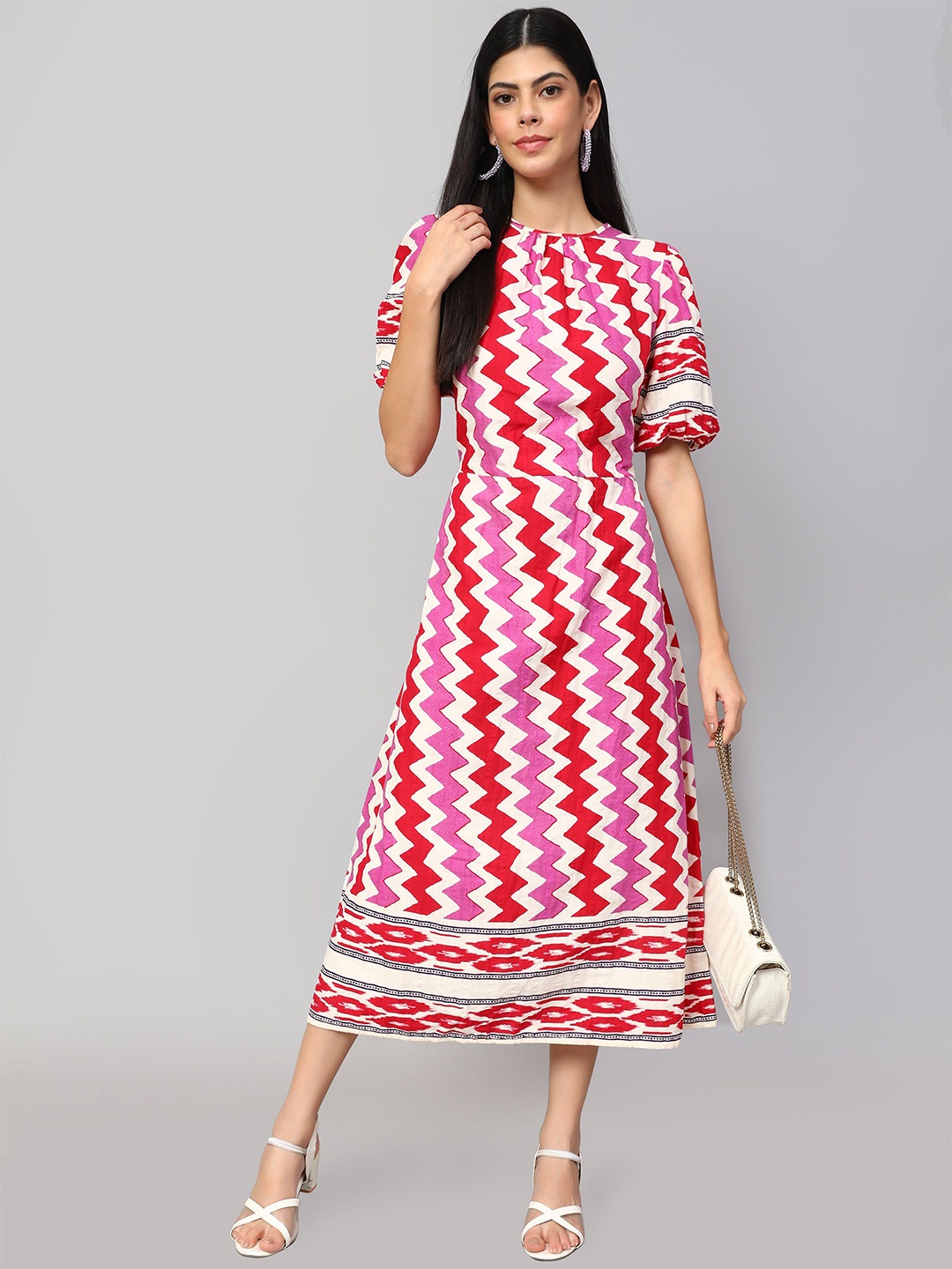 

Amagyaa Printed Puff Sleeves A-Line Midi Dress, Red