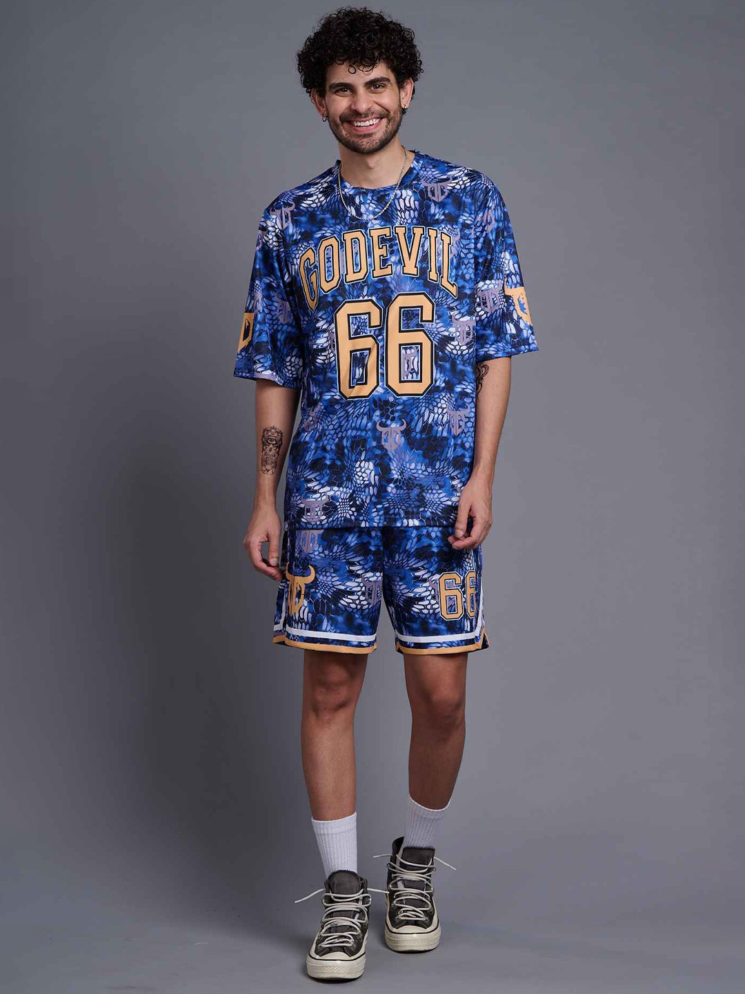 

GO DEVIL Printed Cotton Tshirt With Shorts Co-Ords, Blue