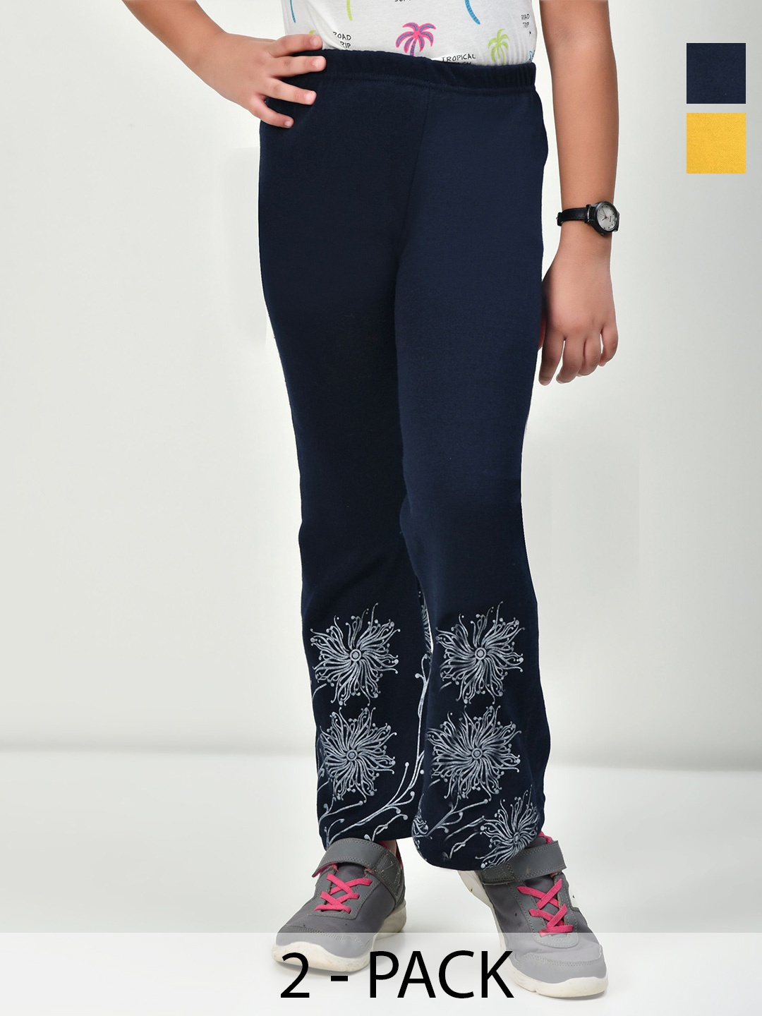 

BAESD Girls Pack of 2 Floral Printed Knitted Palazzos, Navy blue