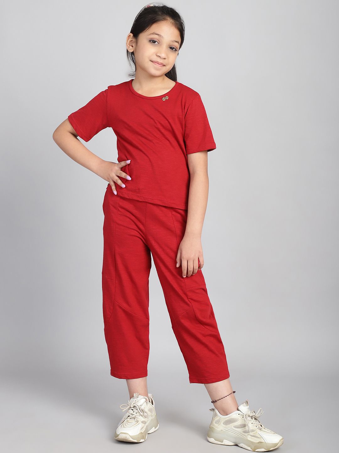 

Baawri Girls Round Neck Pure Cotton Top With Trousers, Red