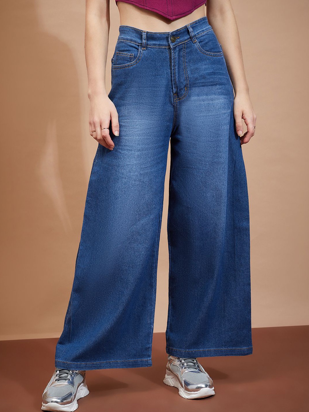 

River Of Design Jeans Women Wide Leg High-Rise Light Fade Stretchable Jeans, Blue