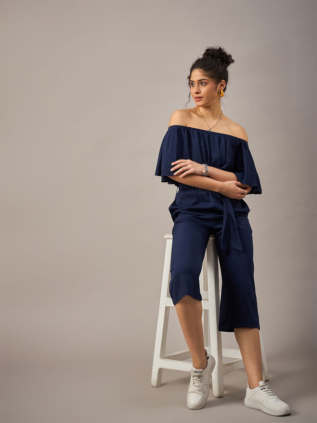 

The Roadster Lifestyle Co Off-Shoulder Waist Tie-Ups Capri Jumpsuit, Blue