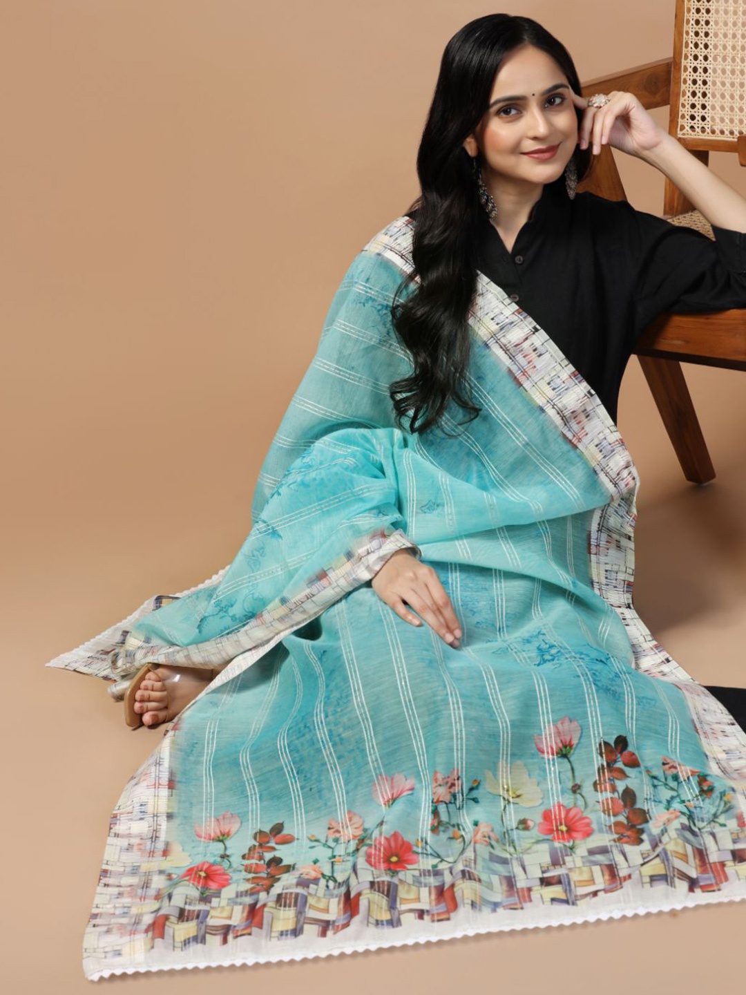 

Kaizen TEXO FAB Floral Printed Cotton Chanderi Dupatta, Sea green