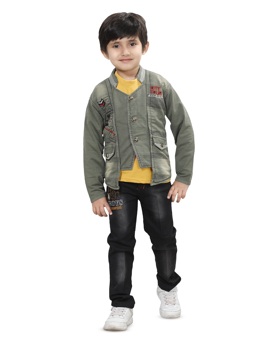 

BAESD Boys Printed Mandarin Collar T-shirt & Shirt With Trousers, Green