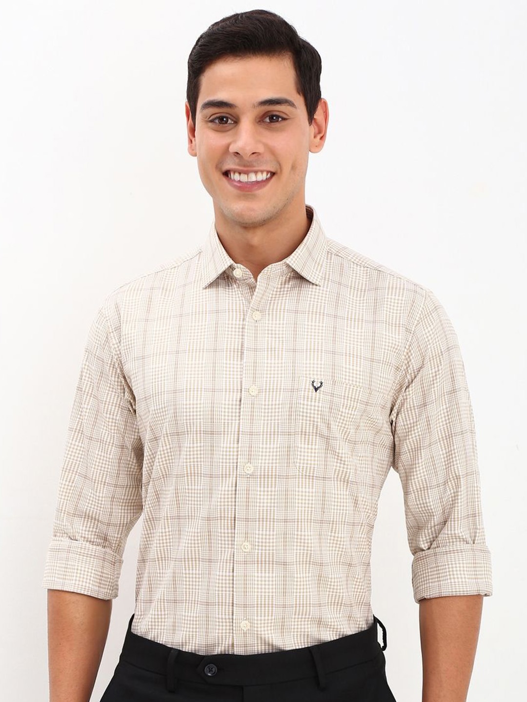 

Allen Solly Men Slim Fit Windowpane Checks Opaque Checked Formal Shirt, Beige