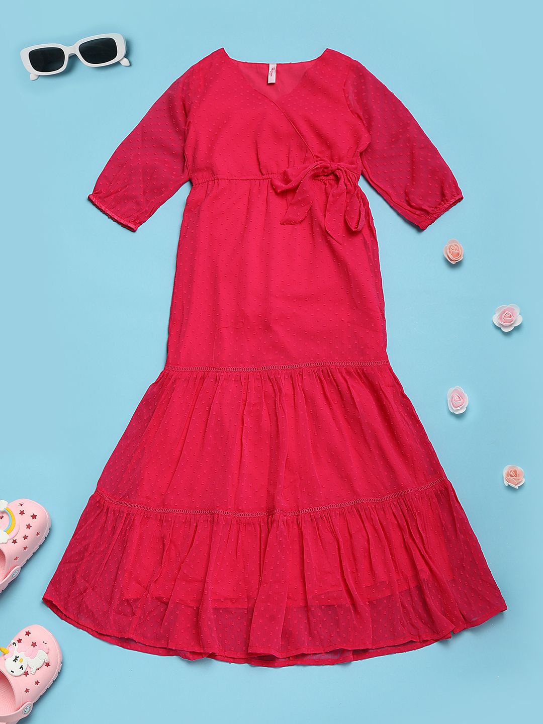 

V-Mart Girls V-Neck Cotton Fit & Flare Dress, Fuchsia