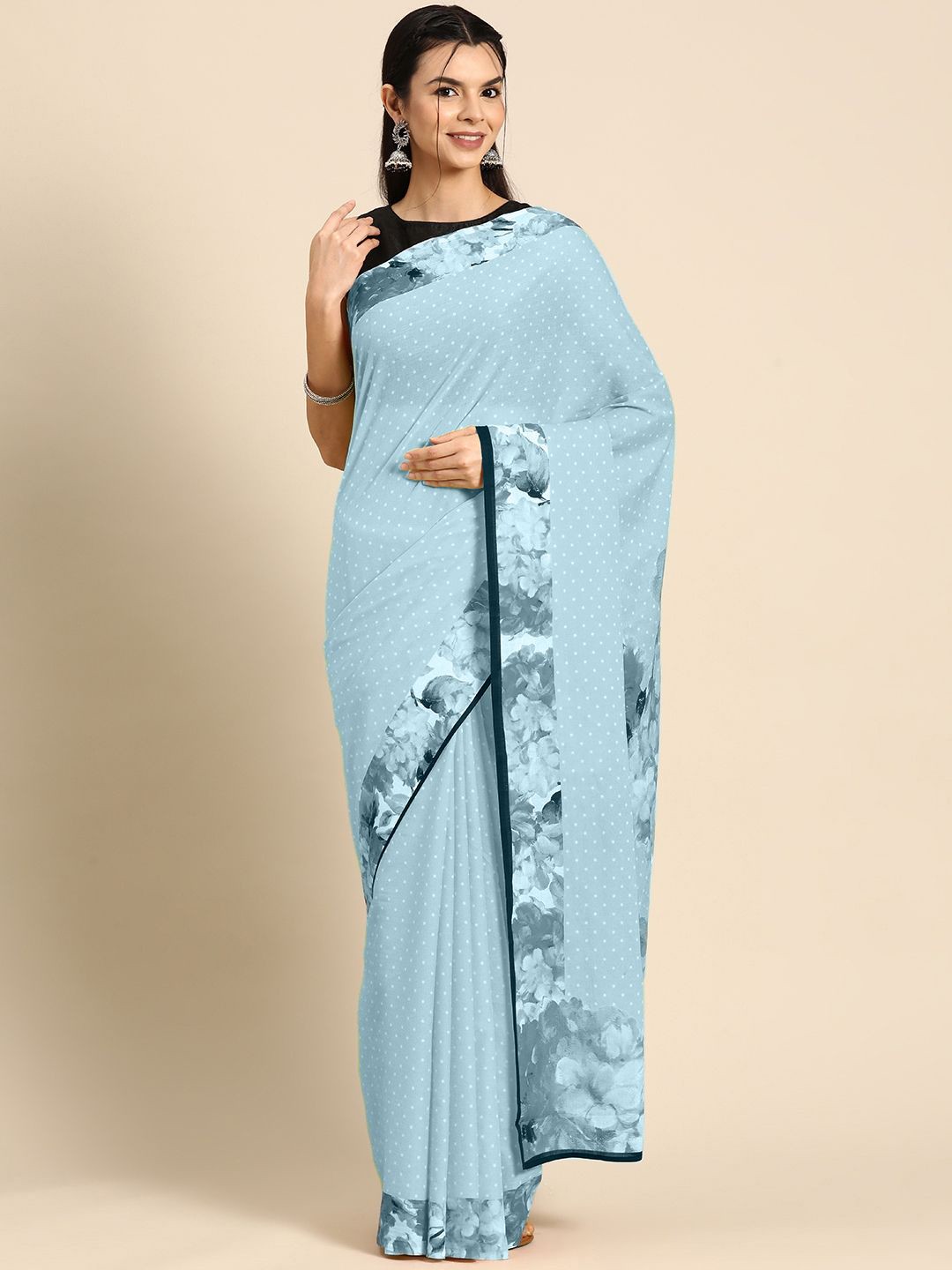 

BUTA BUTI Polka Dot Pure Cotton Saree, Blue