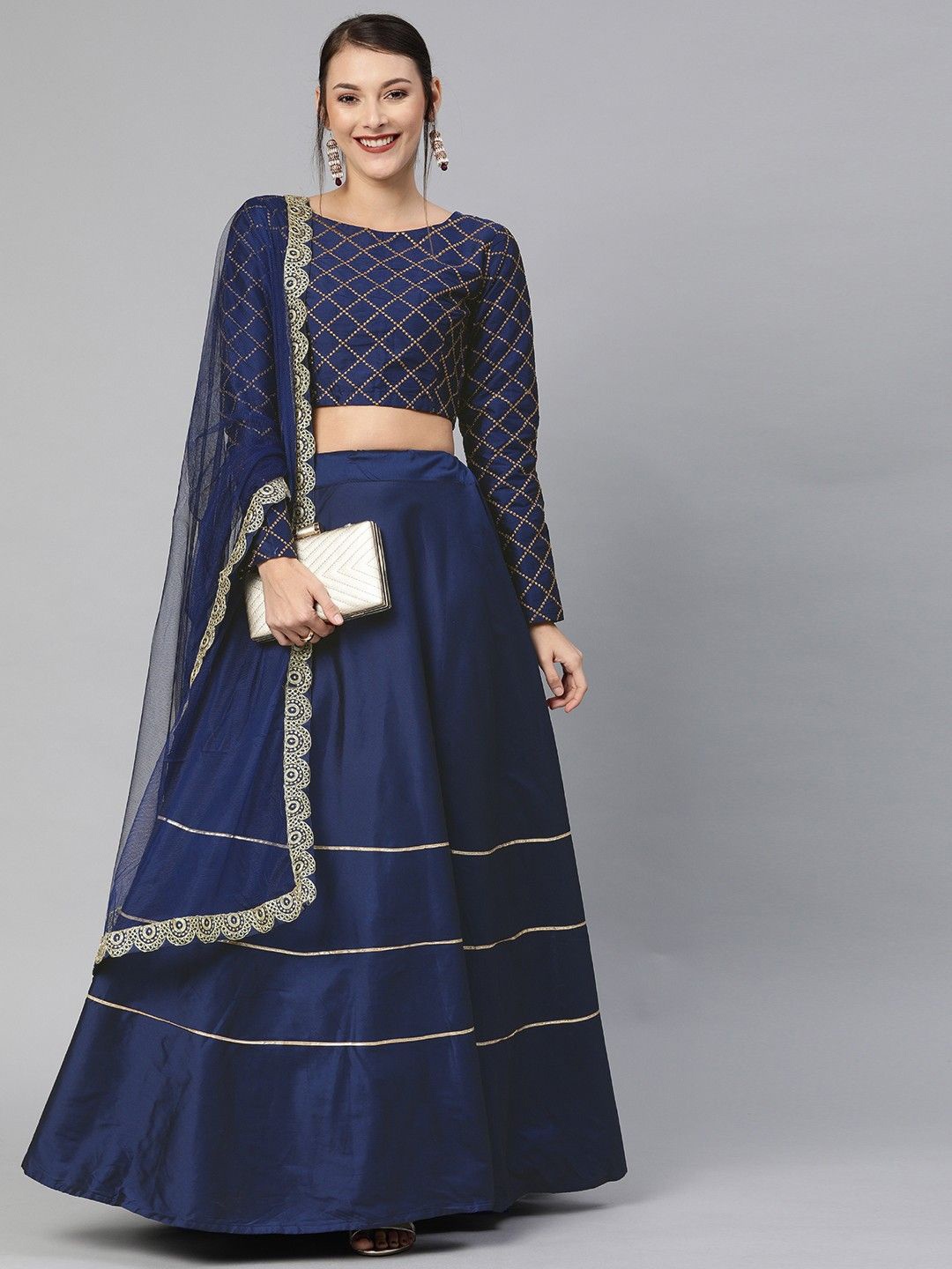 

Fabcartz Embroidered Semi-Stitched Lehenga & Unstitched Blouse With Dupatta, Navy blue