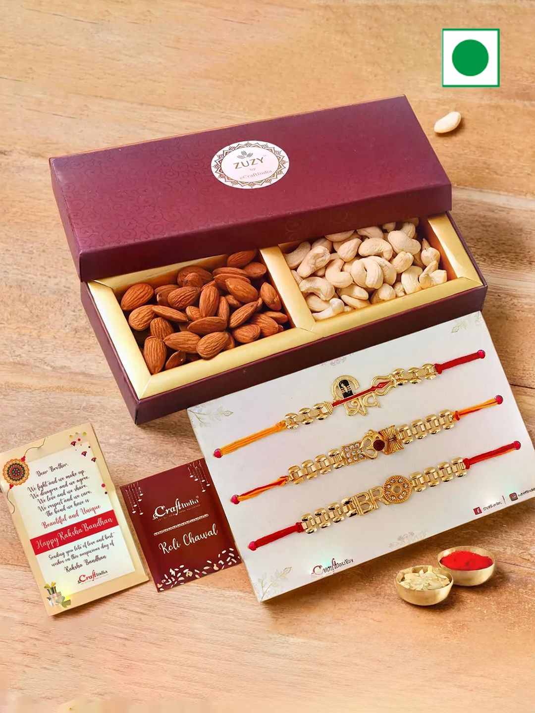 

eCraftIndia Set of 3 Beaded Rakhis with Dry Fruit Box And Roli Chawal, Gold