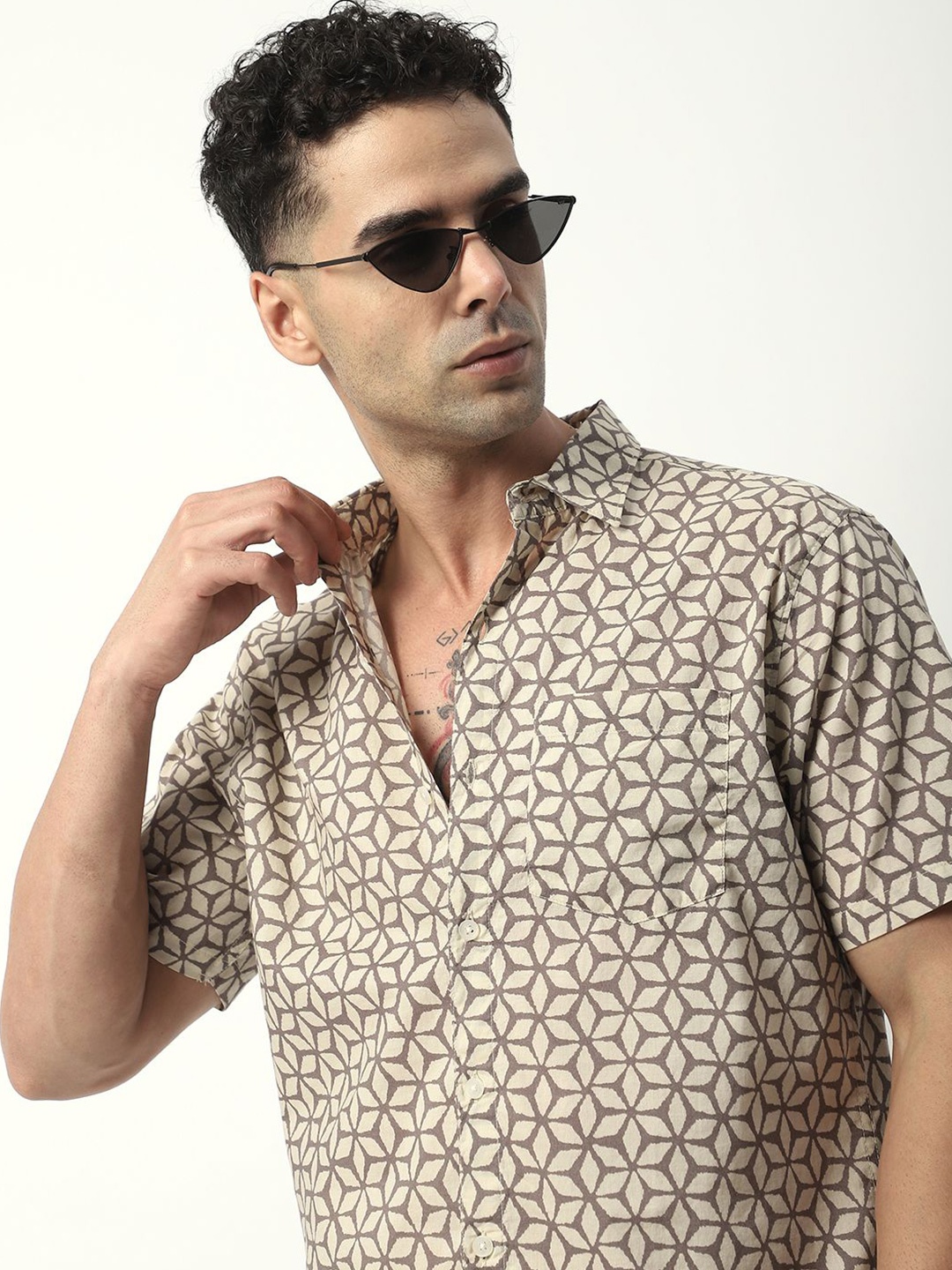 

R&B Men Original Opaque Printed Casual Shirt, Beige