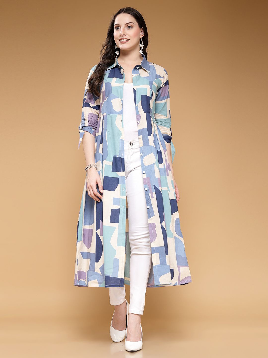 

LARGISH Abstract Printed Shirt Collar Open Front Cotton Shrug, Blue