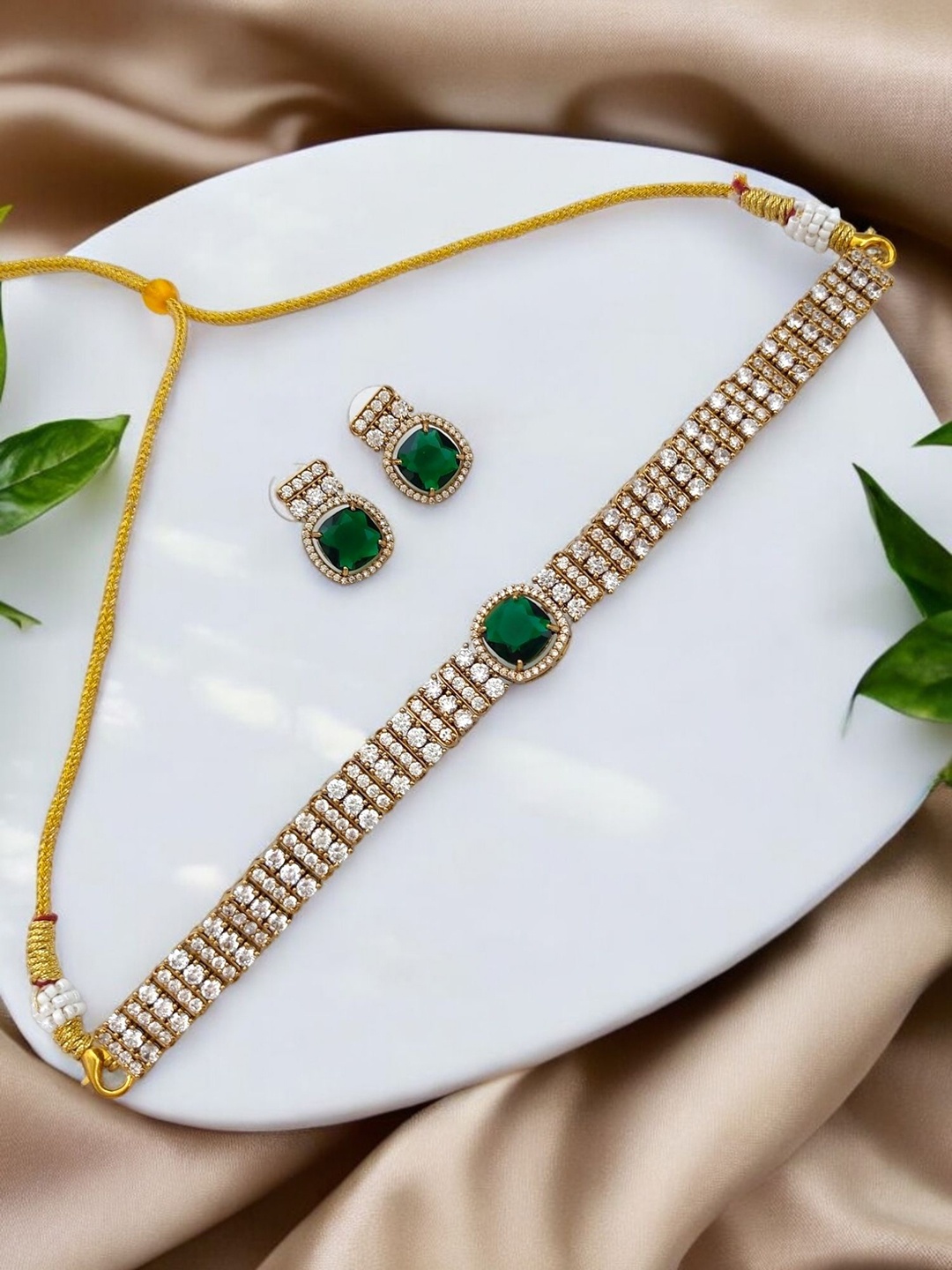 

Pihtara Jewels Gold-Plated American Diamond Stone Studded Jewellery Set