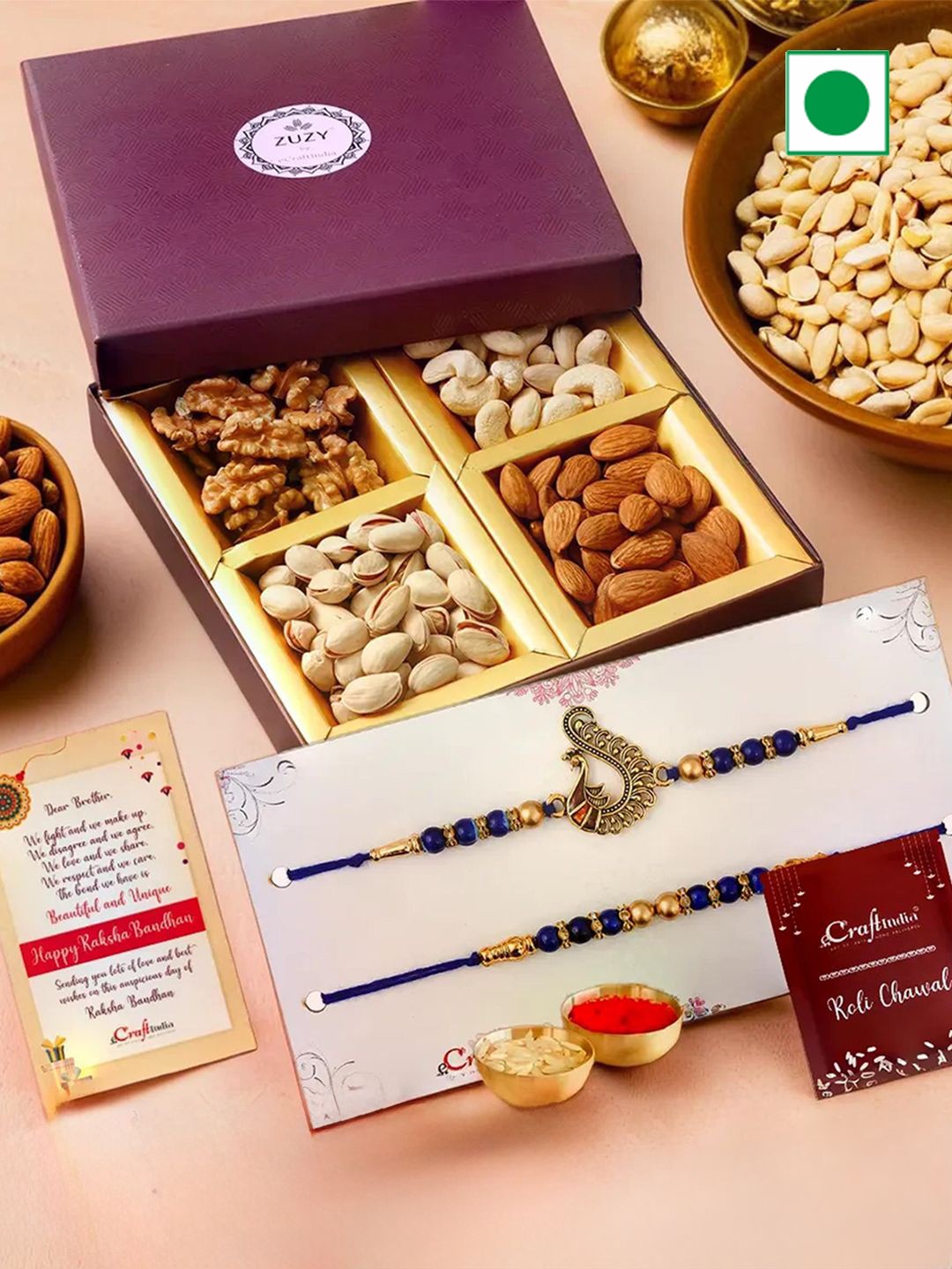 

eCraftIndia Set of 2 Beaded Rakhis with Dry Fruit Box And Roli Chawal, Gold