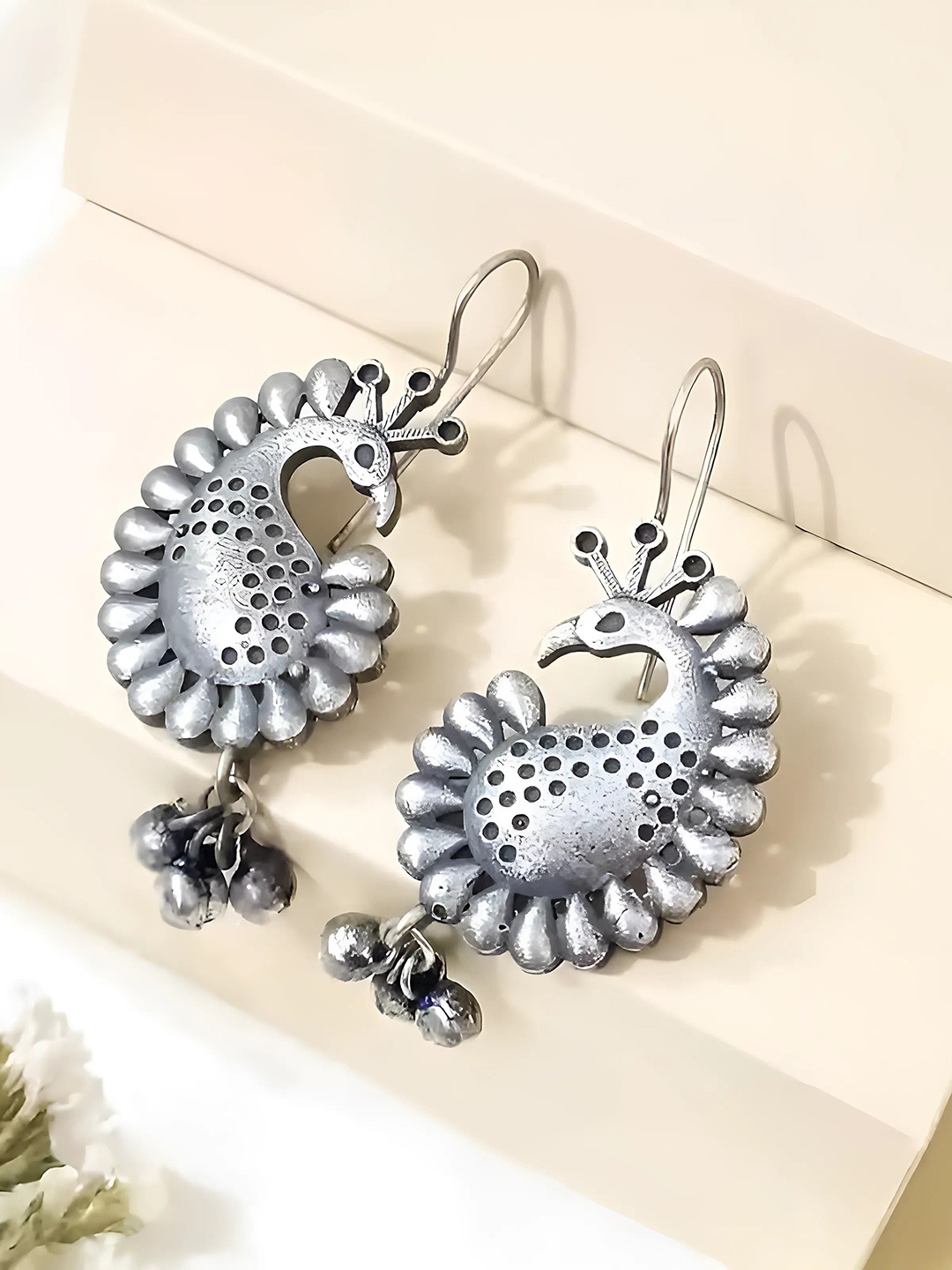 

Sangria Silver Plated Oxidized Peacock Drop Earrings