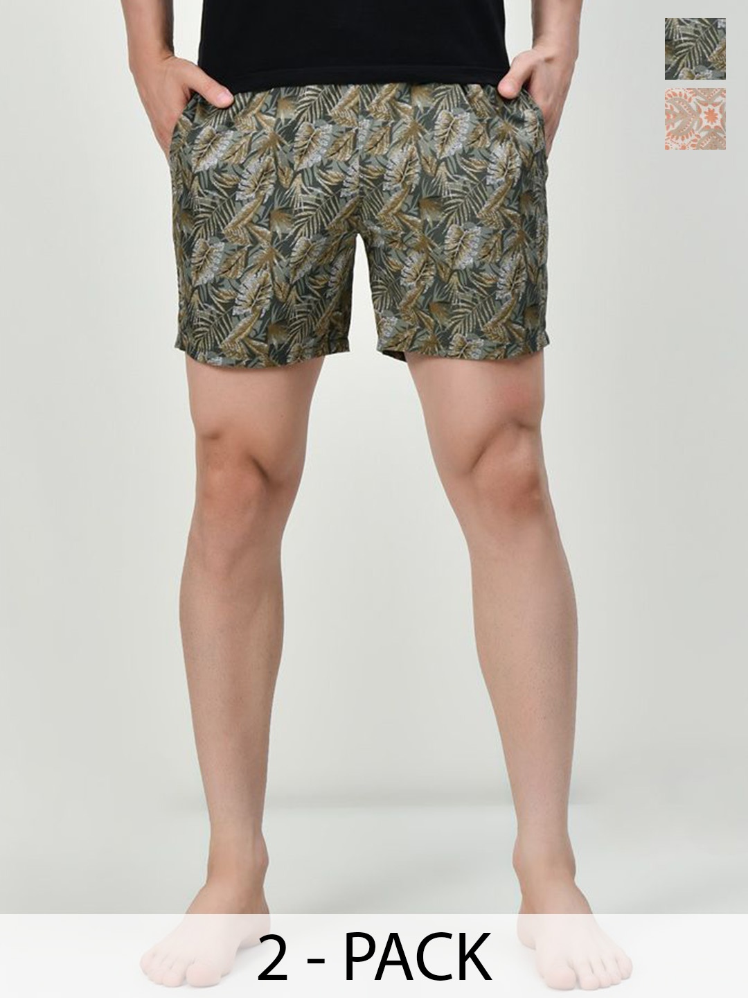 

BAESD Pack Of 2 Men Printed Mid Rise Cotton Shorts, Green