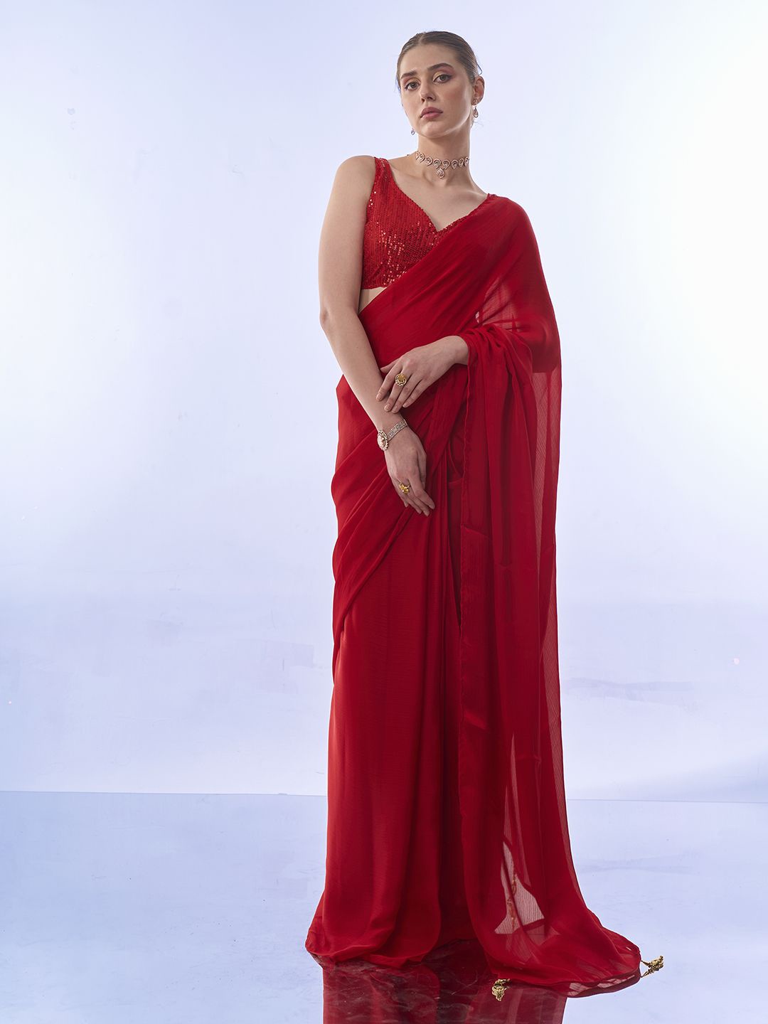 

Mitera Sequinned Pure Chiffon Ready to Wear Saree, Red