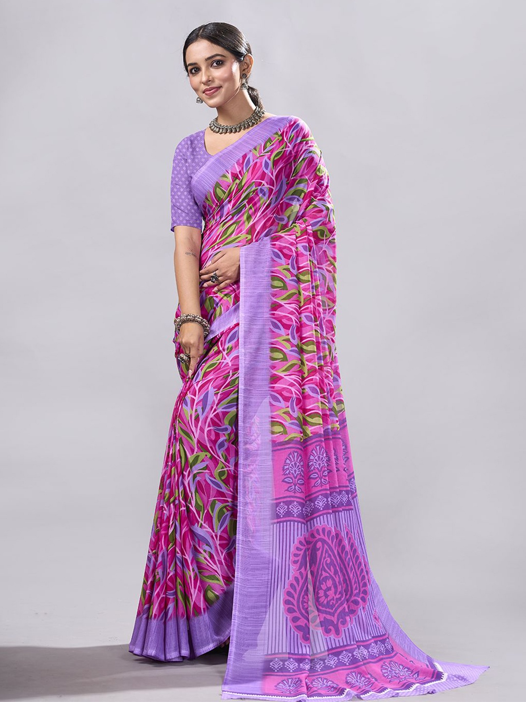 

NIRMAL CREATION Pink Floral Poly Georgette Saree