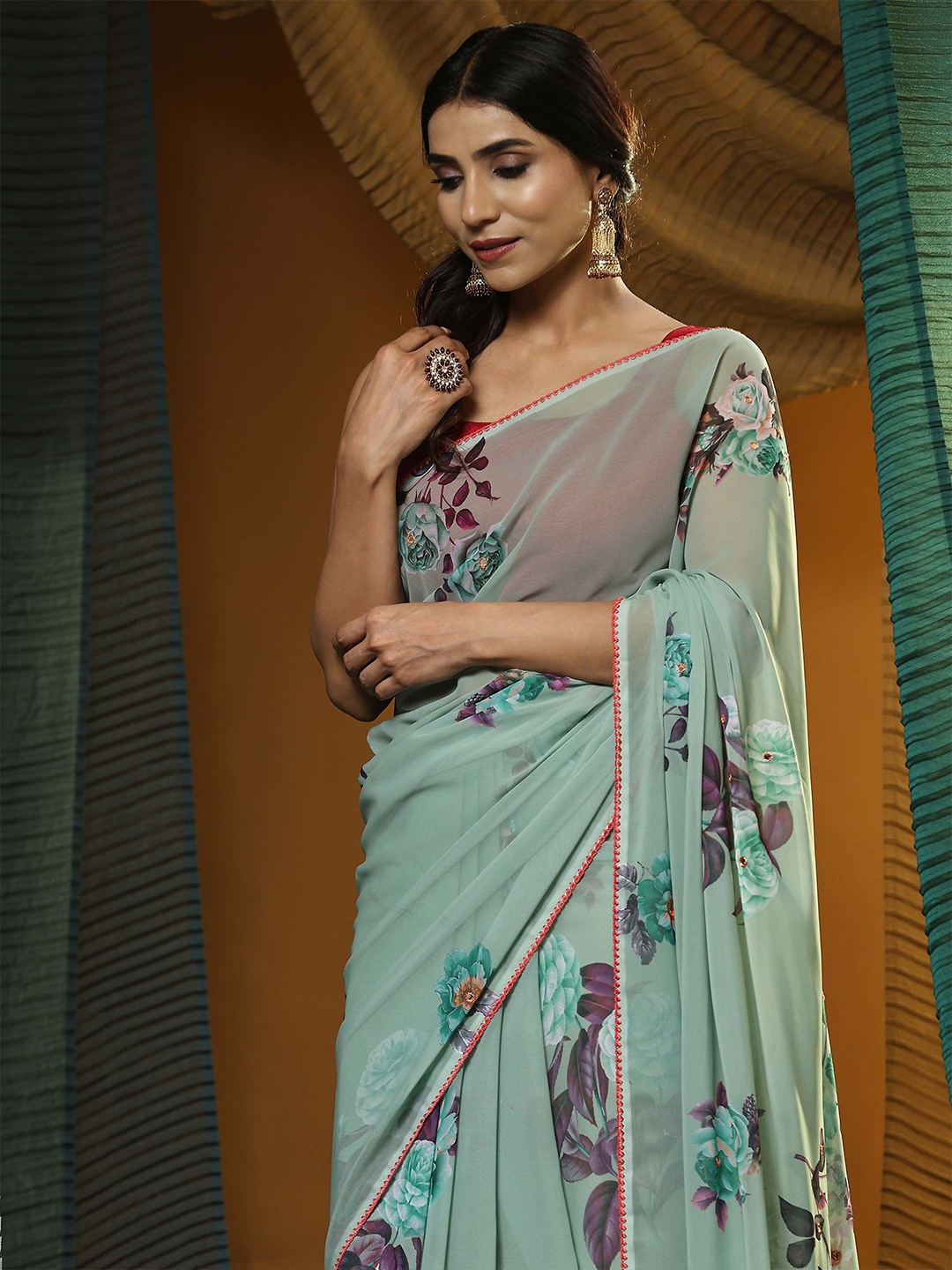 

Vastrasky Global Floral Saree, Sea green