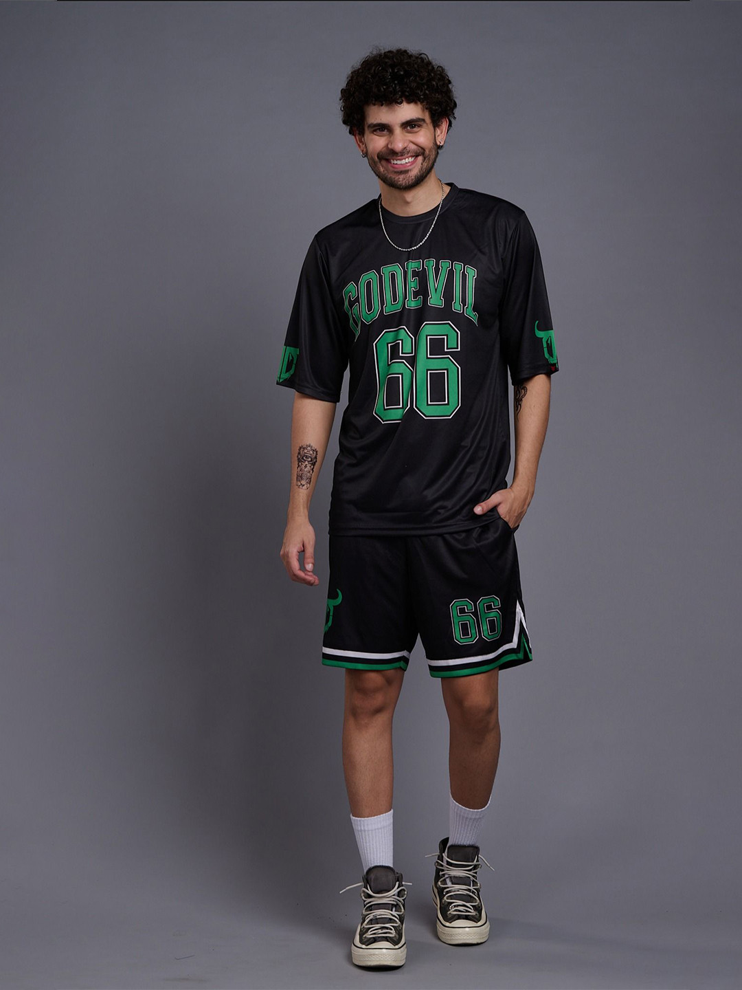 

GO DEVIL Printed T-Shirt With Shorts Co-Ords, Black