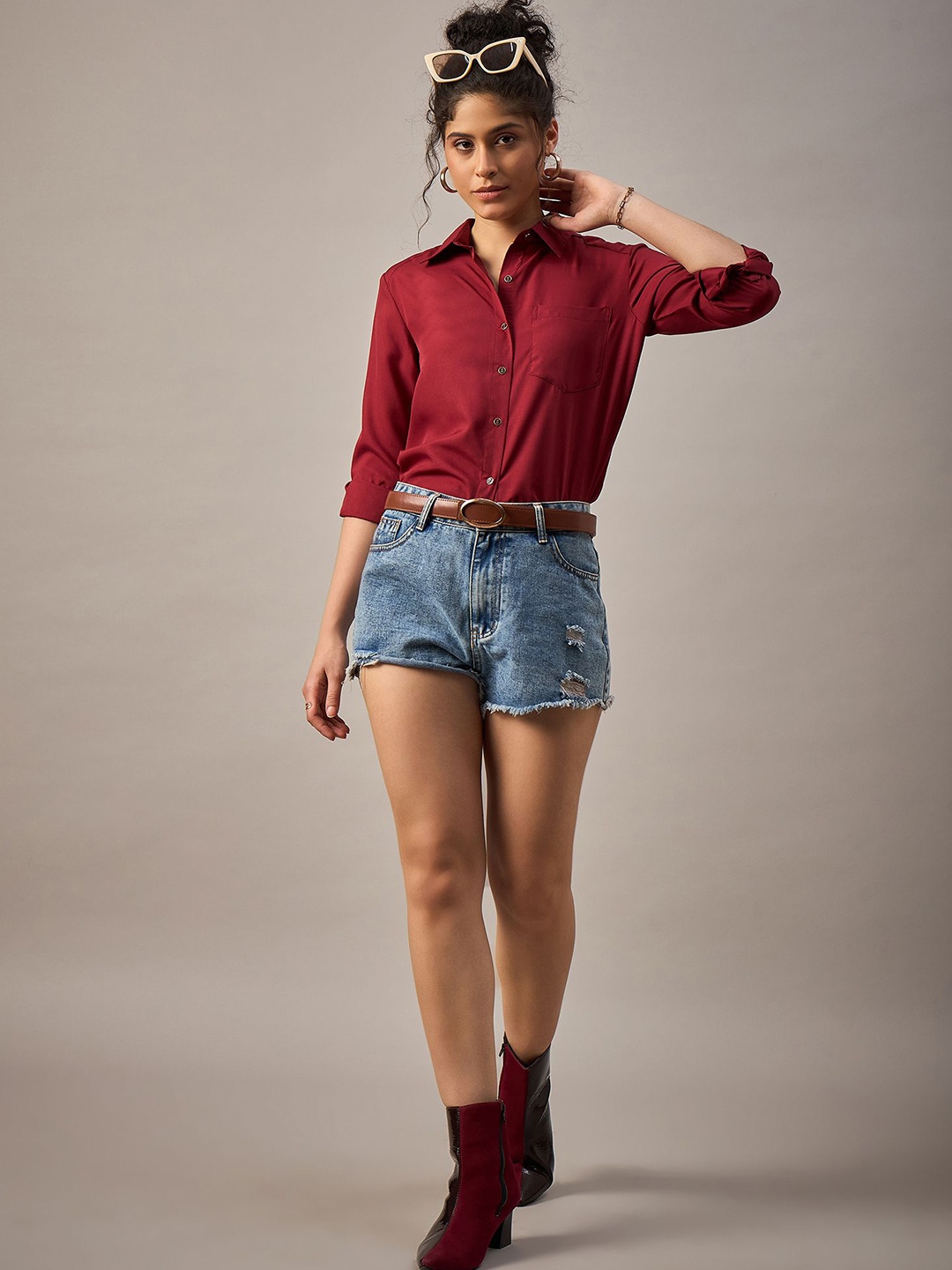 

The Roadster Lifestyle Co Shirt Style Collared Top, Maroon