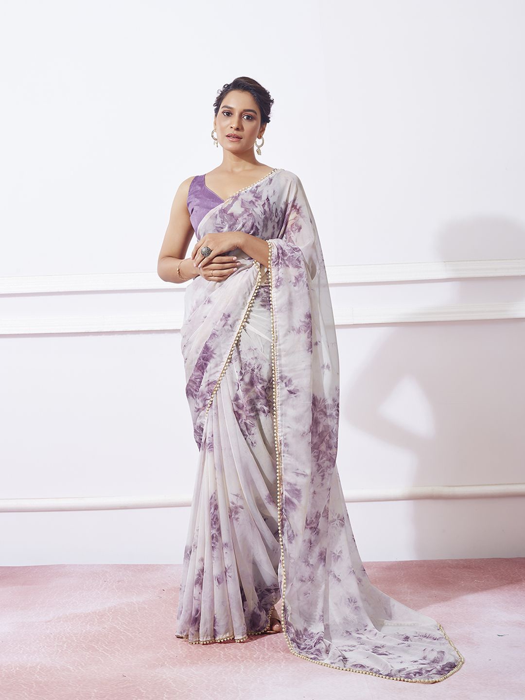 

Mitera Floral Beads and Stones Organza Saree, Purple