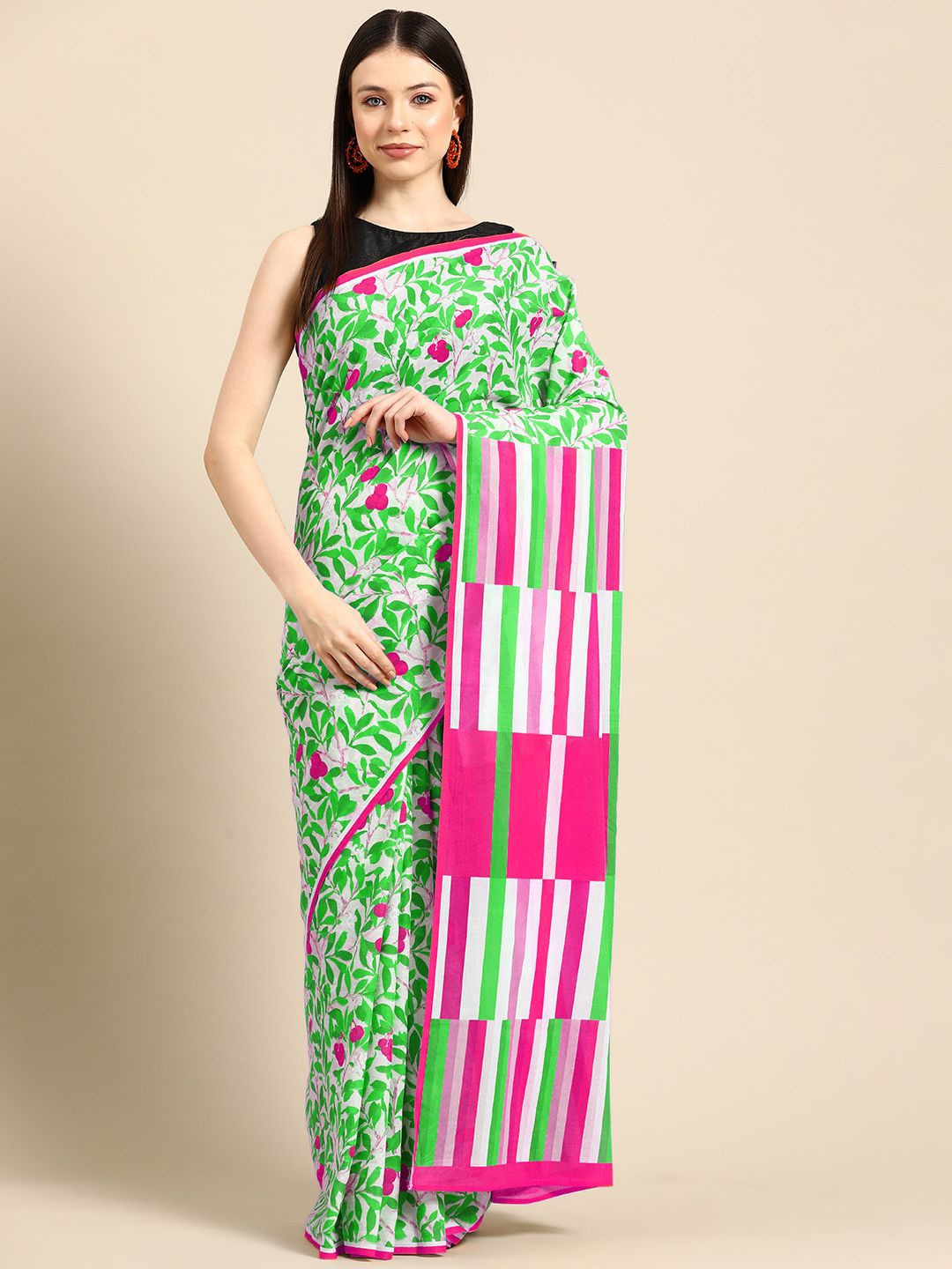 

BUTA BUTI Floral Pure Cotton Saree, Pink